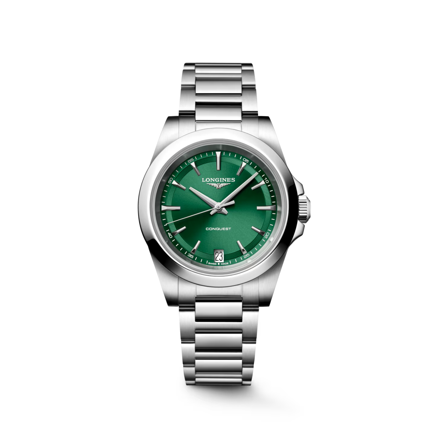 Polshorloge Longines model Conquest Quarts met een groene wijzerplaat en stalen band.