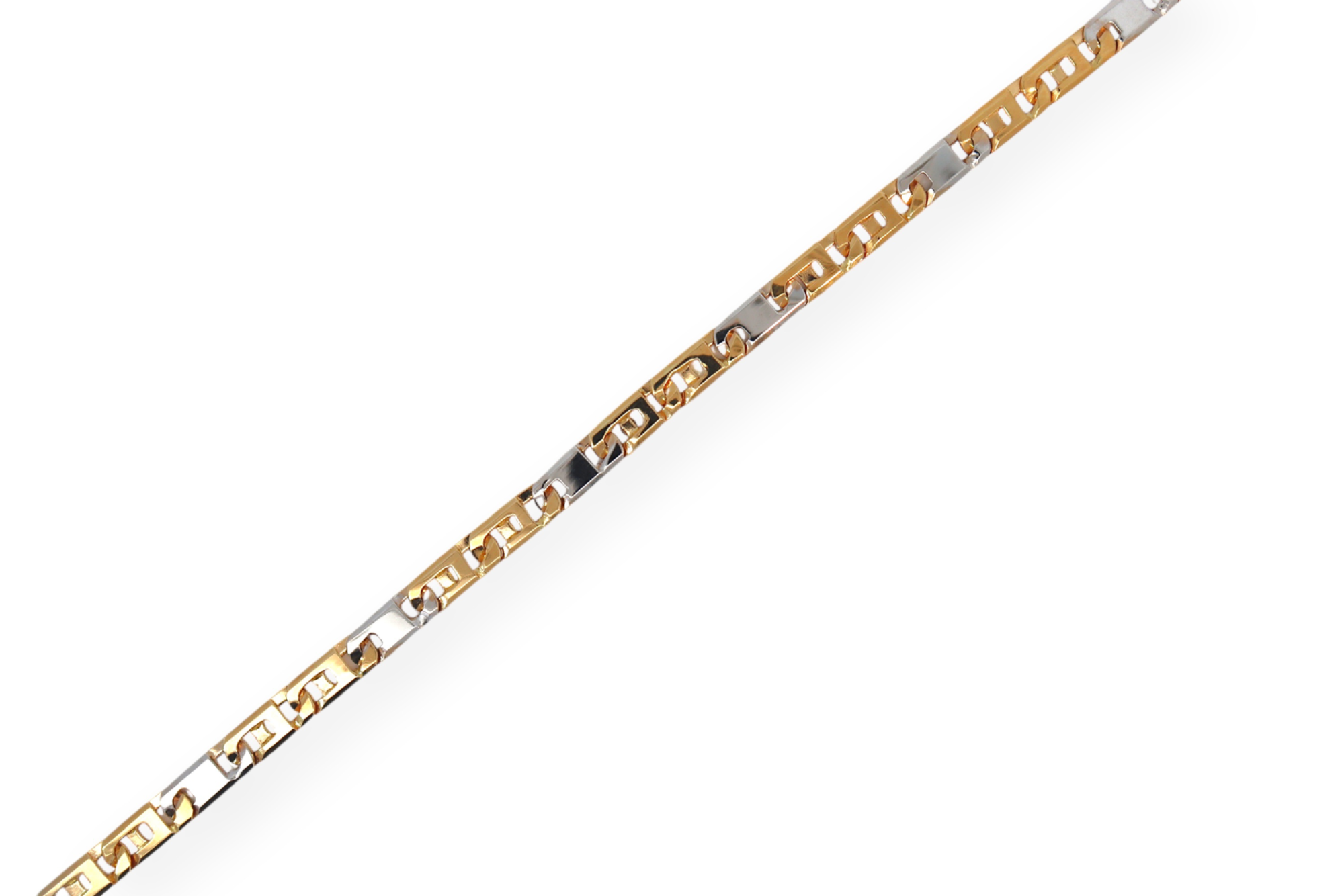 Deze stijlvolle armband in 18 kt geelgoud en witgoud valt op door haar moderne tweekleurige schakelstructuur.
De afwisseling van warme geelgouden en verfijnde witgouden elementen geeft het juweel een luxueuze en tijdloze uitstraling.
Een elegante armband die perfect past bij zowel een dagelijkse look als een geklede gelegenheid.