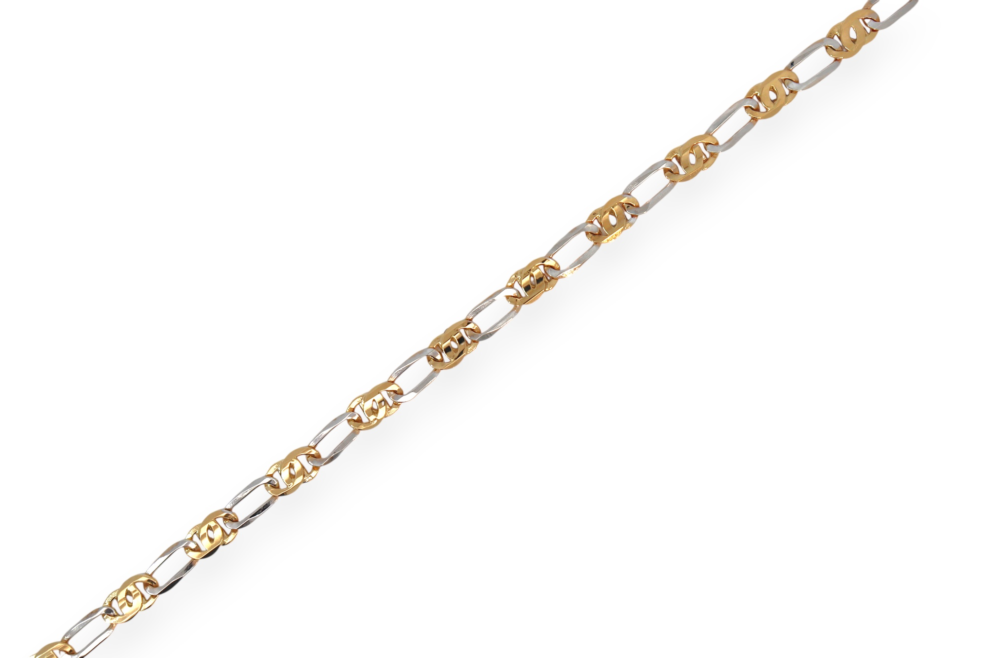 Deze verfijnde armband in 18 kt geelgoud en witgoud combineert open witgouden schakels met elegante geelgouden details.
De tweekleurige afwerking zorgt voor een frisse, luxueuze uitstraling met een tijdloos karakter.
Een lichte en stijlvolle armband die makkelijk te dragen is, zowel dagelijks als bij een geklede gelegenheid.
