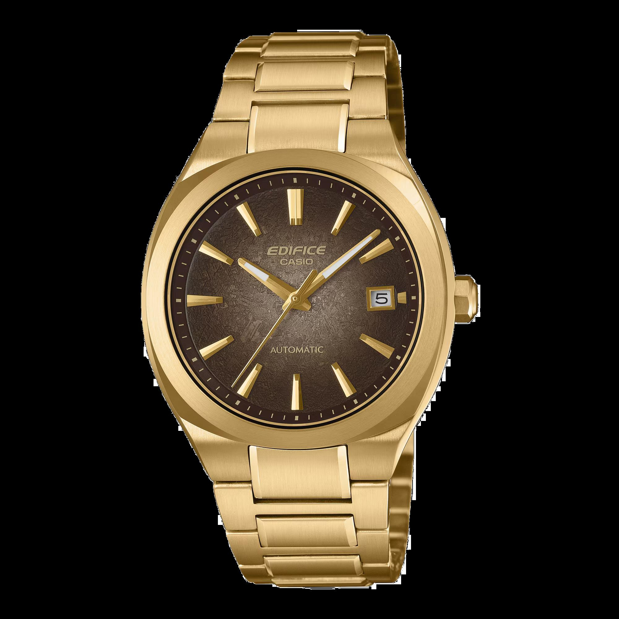 Casio Edifice automaat horloge, goudkleurige stalen band en kast, bruine wijzerplaat
