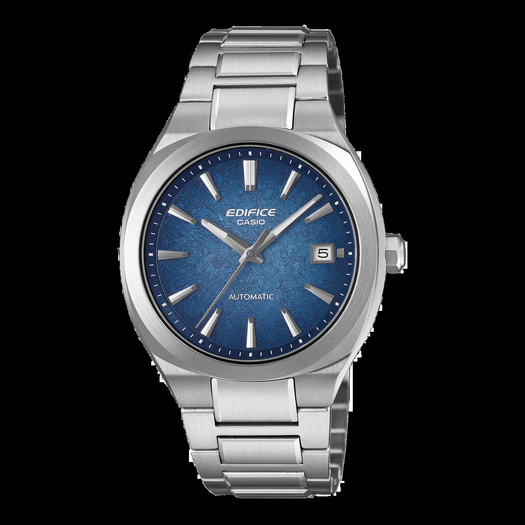 Casio Edifice automaat horloge, stalen band en kast, blauwe wijzerplaat