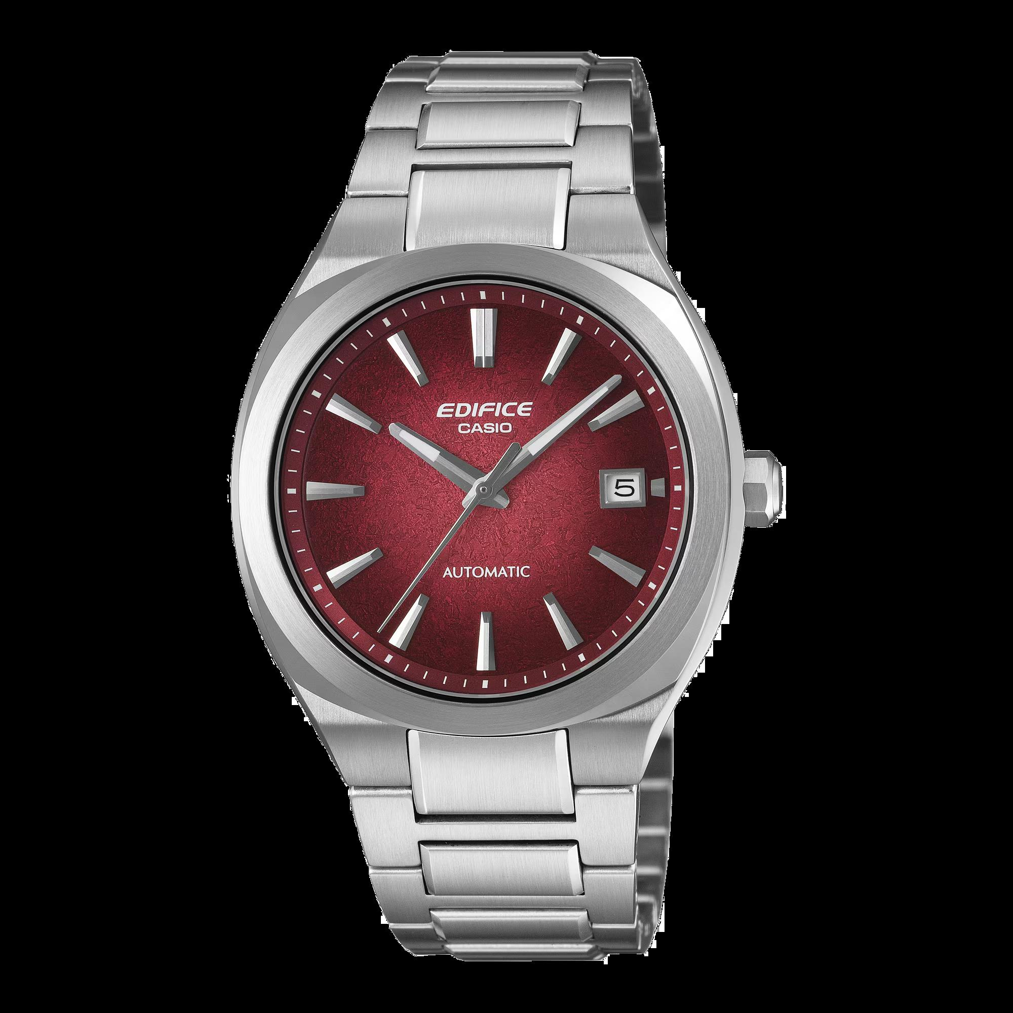 Casio Edifice automaat horloge, stalen band en kast, rode wijzerplaat
