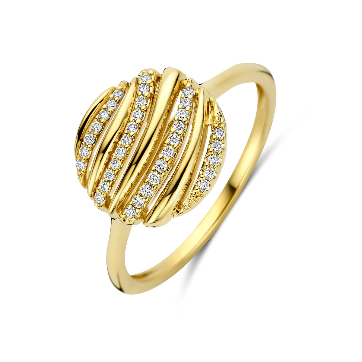 14k Geelgouden ring uitgevoerd met diamant. De ring heeft een diameter van 12mm. 