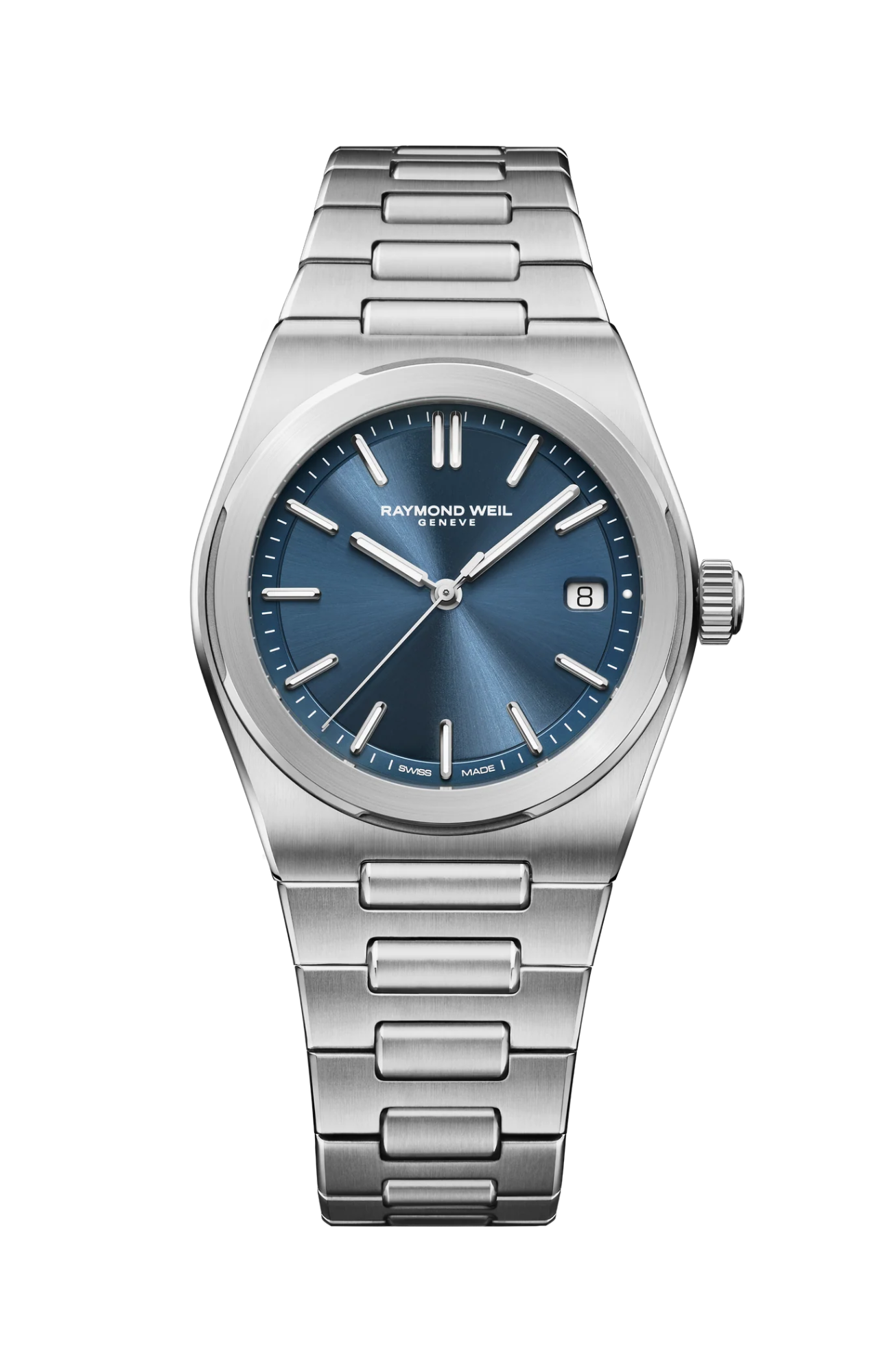 Raymond Weil HEREN POLS HORLOGE AUTOMAAT UIT DE  A.R.T. Collectie. Model 10000-ST-50001.
De ART-collectie combineert elegantie, functionaliteit en veelzijdigheid en weerspiegelt een ingetogen luxe. Het is het eerste horloge van RAYMOND WEIL met een ge&iuml;ntegreerde armband, versterkt door een opvallend architectonisch kastontwerp waarin gepolijste facetten en zorgvuldig gevormde rondingen naadloos samenkomen, het licht vangen en een subtiel samenspel van contrasterende afwerkingen onthullen.