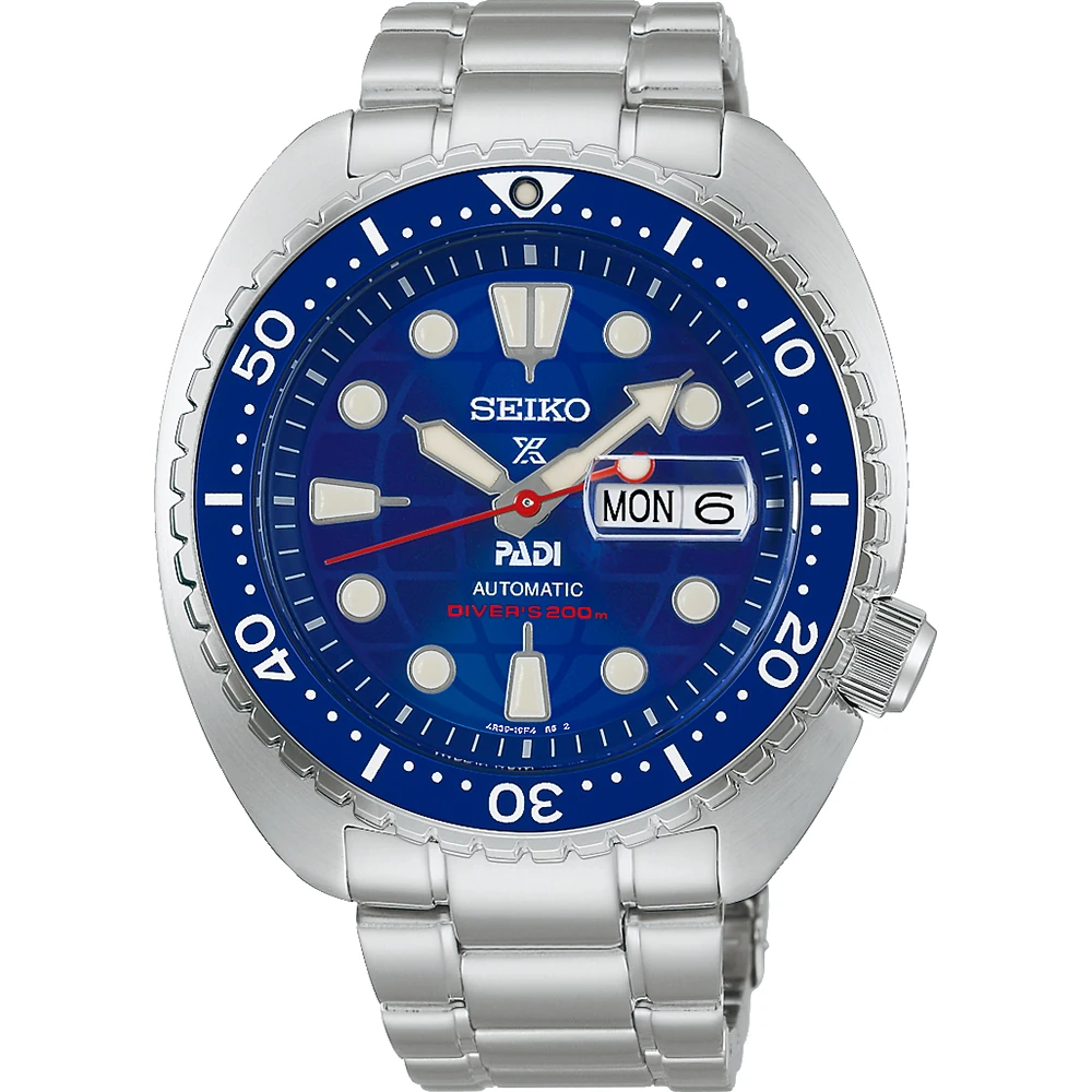De Seiko Prospex Sea PADI Turtle 60th Anniversary Horloge - HBB002K1, met automatisch uurwerk en saffierglas, is ideaal voor avonturiers. Waterbestendig tot 200 meter, met een blauw analoog display en zilverkleurige roestvrijstalen band. Draag hem dagelijks voor een stijlvolle look. Perfect voor duiken en casual gebruik. Anti-allergisch en nikkelvrij. Nieuwe staat.
