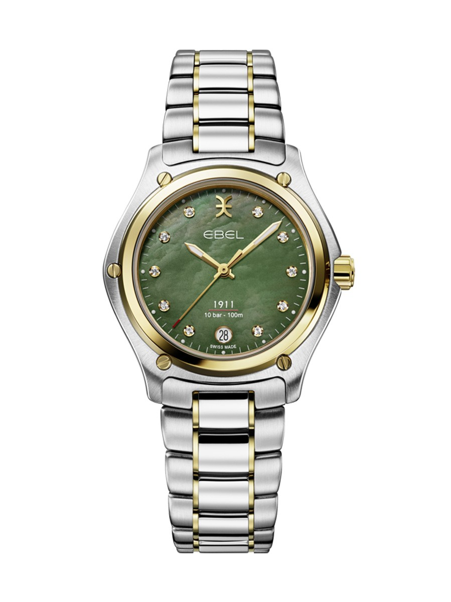 De EBEL 1911 Horloge - 1216744 is een luxe polshorloge met een analoge aanduiding. Het heeft een roestvrijstalen kast en band in goud-zilver kleur, een groene wijzerplaat met echte diamanten en saffierglas. Deze Zwitserse quartz horloge is waterdicht tot 10 ATM. Perfect voor zowel formele als dagelijkse gelegenheden, nieuw geproduceerd.