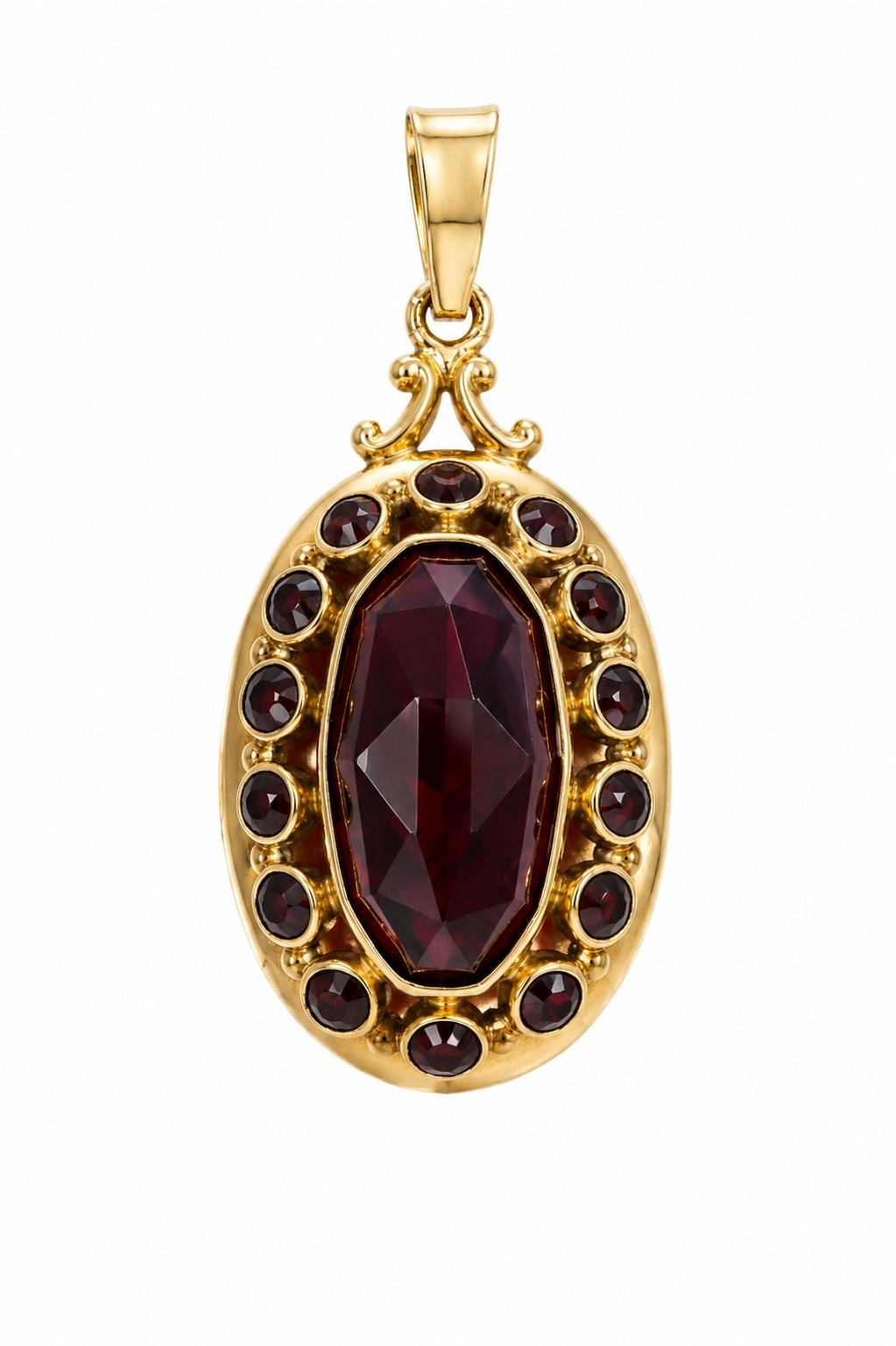 De klassieke gouden hanger met granaat in vintage stijl is een elegante toevoeging aan uw sieradencollectie. Met een 14 karaats gouden constructie en een subtiele breedte van 16 mm, straalt deze hanger met edelsteen tijdloze klasse uit. Perfect te dragen bij een avondjurk of als dagelijks statement piece om elke outfit te verfraaien.