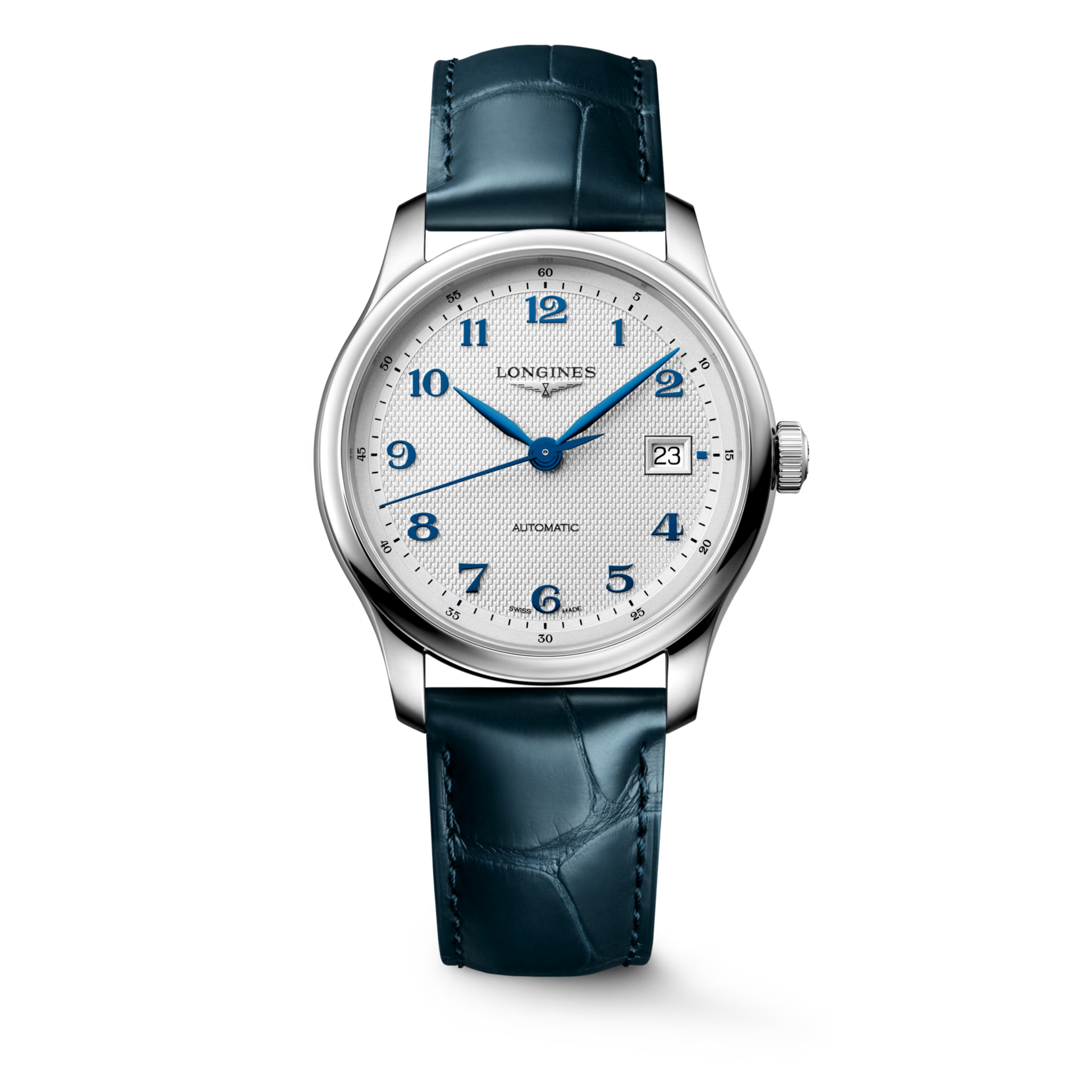 De Longines Master Collection L29494732 is een verfijnd horloge met automatische Zwitserse beweging, een roestvrijstalen kast en een blauwe leren band. Het horloge heeft een analoge wijzerplaat met Arabische cijfers, saffierglas en is waterbestendig tot 30 meter. Draag dit elegante uurwerk met formele of zakelijke kleding voor een stijlvolle uitstraling.