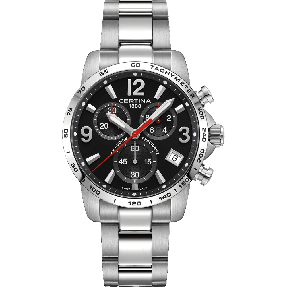 Certina herenhorloge C0344171105700
Uitgevoerd met een Zwitsers Quartz-uurwerk van topkwaliteit, welke is geplaatst in een hoogwaardige edelstalen horlogekast. Op de zwarte wijzerplaat wordt met wijzers en indexen de tijd op analoge wijze weergegeven. Aan de ronde horlogekast is een edelstalen geschakelde horlogeband vervaardigd, welke is voorzien van een vouwsluiting met het logo van Certina.

Het Quartz-uurwerk in de horlogekast is voorzien van een datumvenster en een chronograaf-functie. De waterdichtheid van het horloge met een saffierglas is 10 ATM (100 meter), in combinatie met het DS-concept is het uurwerk maximaal beschermd tegen krachten van buitenaf zoals water, stof en het stoten van het horloge. In dit model is het sportieve karakter van de DS Podium collectie gecombineerd met een hoogwaardige en luxe afwerking van de horloges.