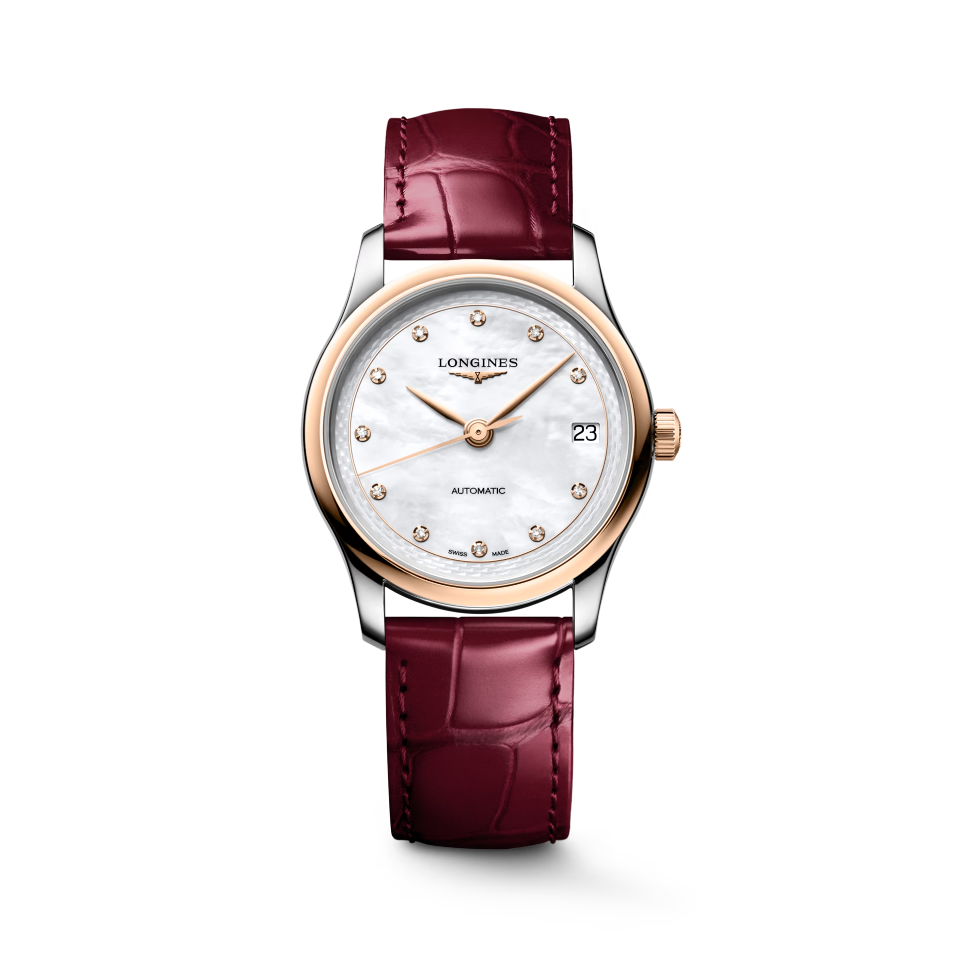 De Longines Master Collection L24505892 is een verfijnd horloge met een rode leren band en een kast van roestvrij staal. Het beschikt over een analoge wijzerplaat met echte diamanten en heeft een automatisch Zwitsers uurwerk. Draag deze elegante horloge om uw pols bij formele gelegenheden of dagelijks voor een vleugje luxe. Perfect voor elke stijlvolle dame.