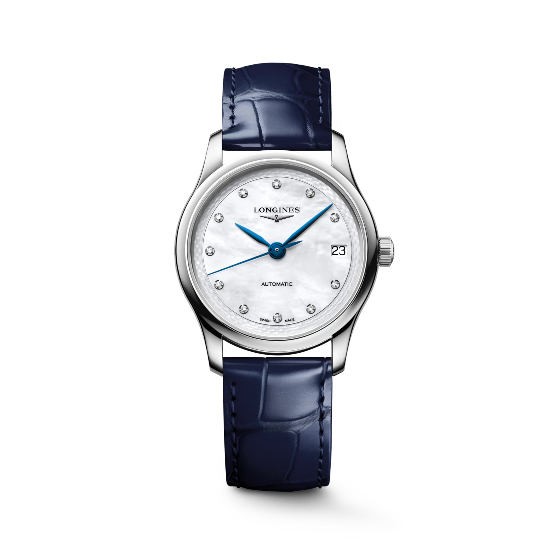 De Longines Master Collection L24504872 heeft een blauw horlogebandje, een roestvrijstalen kast, en een parelmoerkleurige wijzerplaat met echte diamanten. Het horloge heeft een datumfunctie en is hypoallergeen. Draag het horloge bij formele of zakelijke gelegenheden voor een elegante uitstraling. Geschikt voor dagelijks gebruik dankzij het krasbestendige saffierglas.