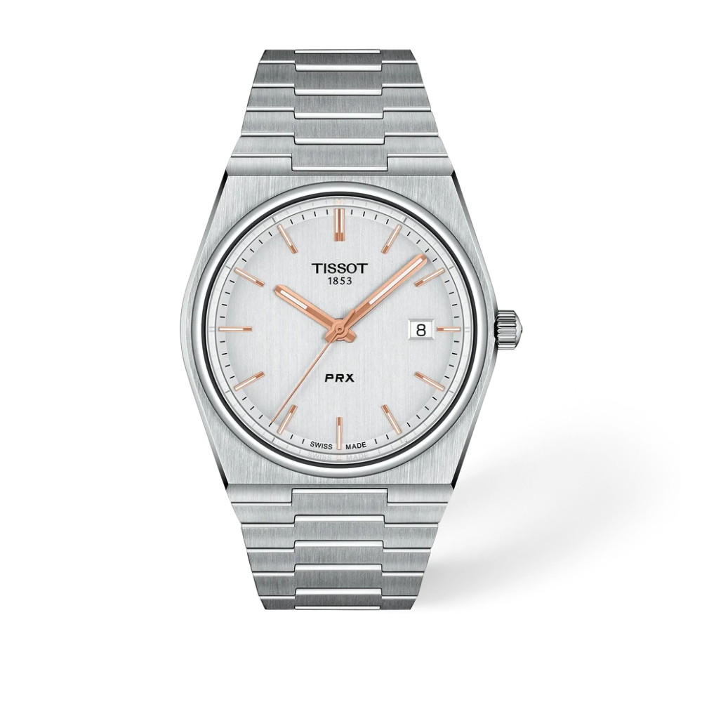 Tissot PRX 40mm &ndash; Een stijlvolle heruitgave van een designicoon uit de jaren &rsquo;70. Dit Zwitserse quartzhorloge combineert een slanke 40 mm roestvrijstalen kast met een zilverkleurige wijzerplaat, krasbestendig saffierglas en een ge&iuml;ntegreerde stalen band voor een tijdloze, sportieve uitstraling. Waterbestendig tot 100 meter en voorzien van datumaanduiding.