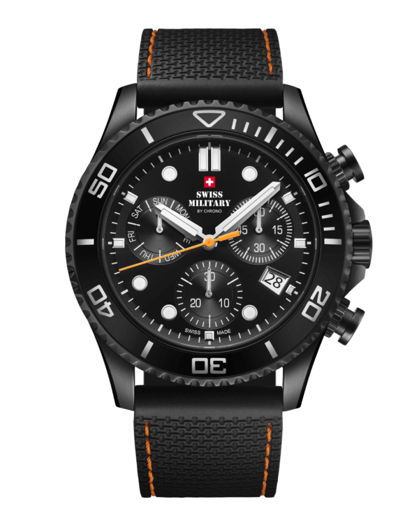 Die Herrenuhr Chronograph Swiss Military 50-SM34101.08, beeindruckt mit einem 46mm gro&szlig;en Edelstahlgeh&auml;use in Schwarz und Saphirglas. Ausgestattet mit einem schwarzen Plastik-Silikon-Armband, Quarzwerk und Datumsfunktion, ist sie wasserdicht bis 10 ATM. Diese neuwertige Uhr ist ideal f&uuml;r den t&auml;glichen Gebrauch und passt perfekt zu sportlich-eleganten Outfits.