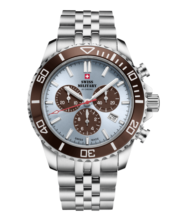 Die Herrenuhr Chronograph Swiss Military 50-SM34103.06, besticht durch ein 43mm Edelstahlgeh&auml;use in Silber, Saphirglas und ein silberfarbenes Edelstahlarmband. Mit Quarzwerk, Datumsfunktion und 10 ATM Wasserdichtigkeit ist sie ideal f&uuml;r den Alltag. Tragen Sie sie zu l&auml;ssigen oder eleganten Outfits f&uuml;r einen stilvollen Auftritt. Zustand: Neu.