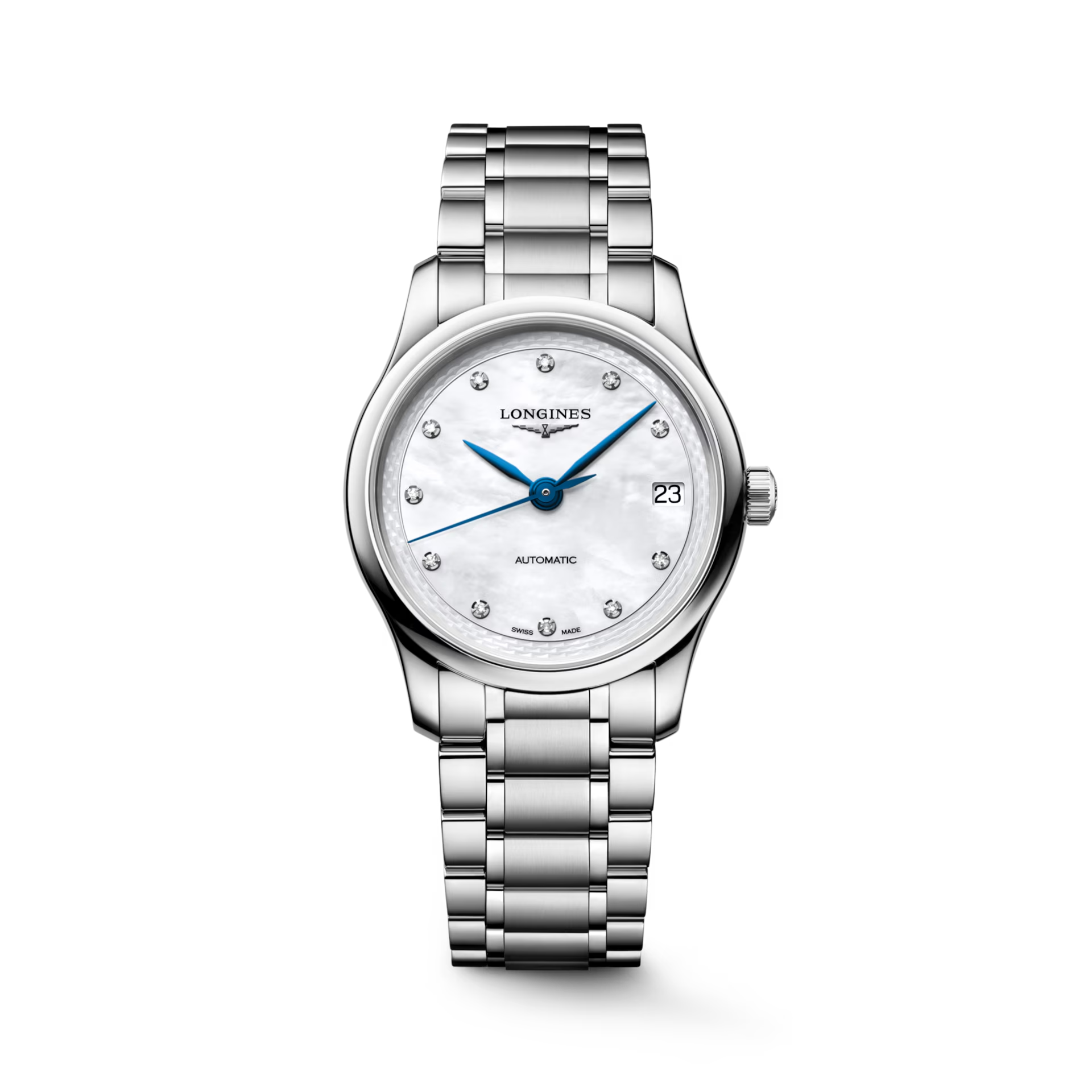 De Longines Master Collection L24504876 is een elegante polshorloge met een roestvrijstalen kast en band. Het heeft een parelmoeren wijzerplaat met echte diamanten indexen en saffierglas. Dit horloge is voorzien van een automatische Zwitserse beweging en is hypoallergeen. Draag het bij formele gelegenheden of zakelijke outfits voor een stijlvolle uitstraling. 
