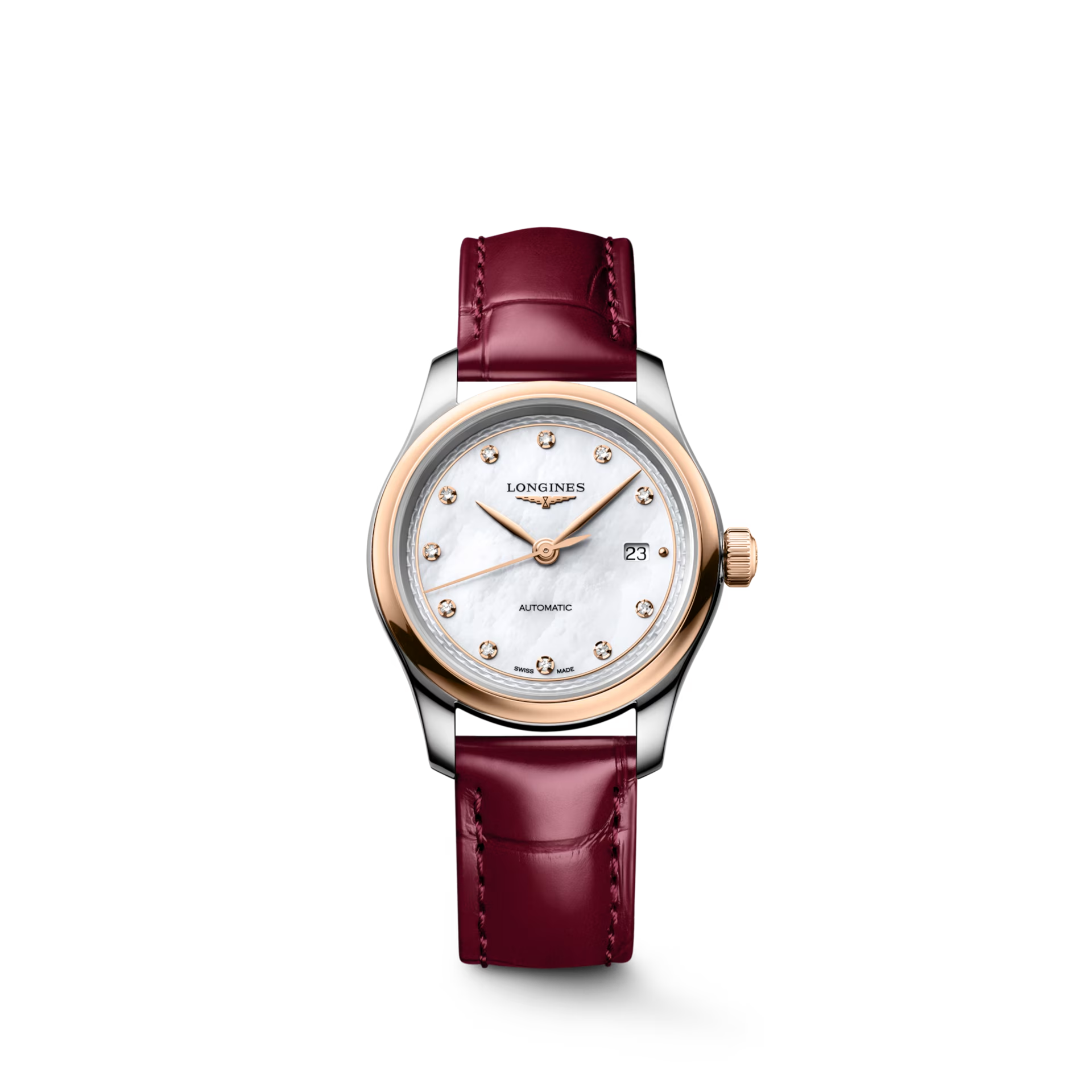 Dit luxe horloge van de Longines Master Collection, modelnummer L24495892, biedt een tijdloze stijlvolle combinatie van een roestvrijstalen kast, rode lederen band en parelmoeren wijzerplaat met diamanten indexen. Met automatisch Zwitsers uurwerk en saffierglas is het perfect voor dagelijks gebruik. Draag het tijdens speciale gelegenheden om een elegante en verfijnde uitstraling te bereiken.