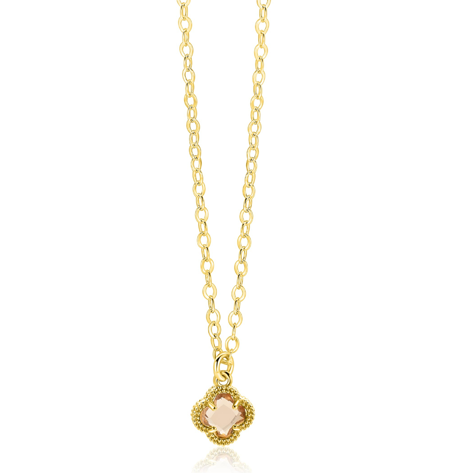 ZINZI gold plated zilveren schakelketting met een lichtbruine klaver in het midden. De lengte is te vari&euml;ren tussen 40cm en 45cm. De ketting is vervaardigd van eerste gehalte zilver (925) en extra geel verguld.