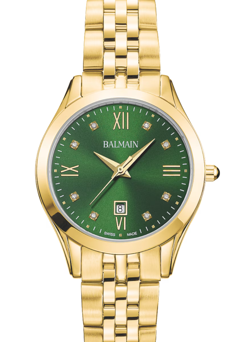 The Balmain Classic R is a sophisticated women&rsquo;s watch that blends timeless style with a modern design inspired by Parisian Haute Couture. Its deep green dial, set with 8 Top Wesselton VS-SI diamonds totaling 0.030 carats and classical roman indexes add a graceful touch. The 30 mm yellow gold PVD case with a slim 6.50 mm profile and matching bracelet offers everyday refinement. This Swiss Made timepiece features a sapphire crystal glass.