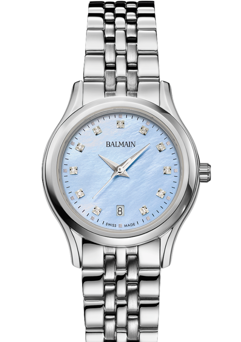 The Balmain Beleganza is a graceful women&rsquo;s watch that blends timeless elegance with a modern design inspired by Parisian Haute Couture. Its light blue dial, set with 11 Top Wesselton VS-SI diamonds, totaling 0.041 carats, adds a soft touch. The 27.50 mm stainless steel case, with a slim 6.40 mm profile and matching bracelet, offers everyday style. This Swiss Made timepiece features a sapphire crystal glass.