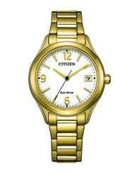 Dieser elegante FE6122-64A Armbanduhr besticht durch ein stilvolles Design mit einem goldfarbenen Edelstahlarmband und einem gelben, runden Geh&auml;use. Das analoge Zifferblatt zeigt durch Streifen-Indizes die Zeit an. Mit Solarantrieb, Datumsfunktion und einer Wasserdichtigkeit von 50 Metern eignet sich diese Uhr perfekt f&uuml;r den t&auml;glichen Gebrauch. Tragen Sie sie bei formellen oder legeren Anl&auml;ssen.