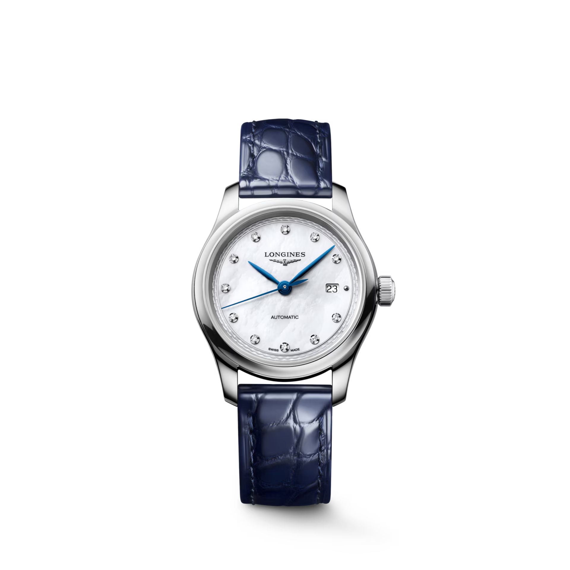 De Longines Master Collection L24494872 is een verfijnd horloge met automatische Zwitserse beweging. Het heeft een roestvrijstalen kast, een saffierglas en een parelmoeren wijzerplaat met echte diamanten. De blauwe leren band en zilverkleurige ronde kast complementeren elkaar prachtig. Het horloge is waterbestendig tot 3 ATM. Perfect voor zowel formele als casual gelegenheden.
