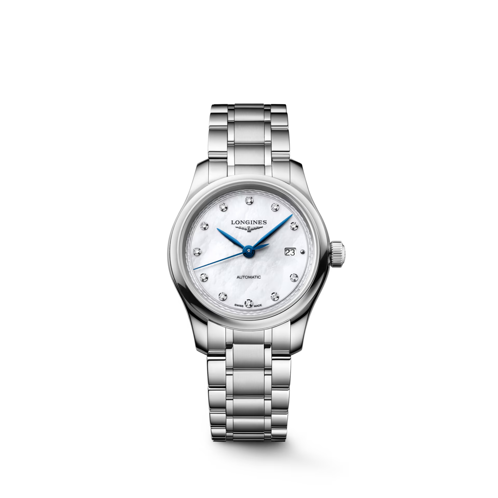 De Longines Master Collection L24494876 is een verfijnd horloge met een roestvrijstalen kast en armband, versierd met echte diamanten op de parelmoeren wijzerplaat. Het heeft een automatisch Zwitsers uurwerk, saffierglas, is hypoallergeen en waterbestendig tot 3 bar. Draag het als elegant polshorloge bij formele en zakelijke gelegenheden voor een stijlvolle uitstraling.