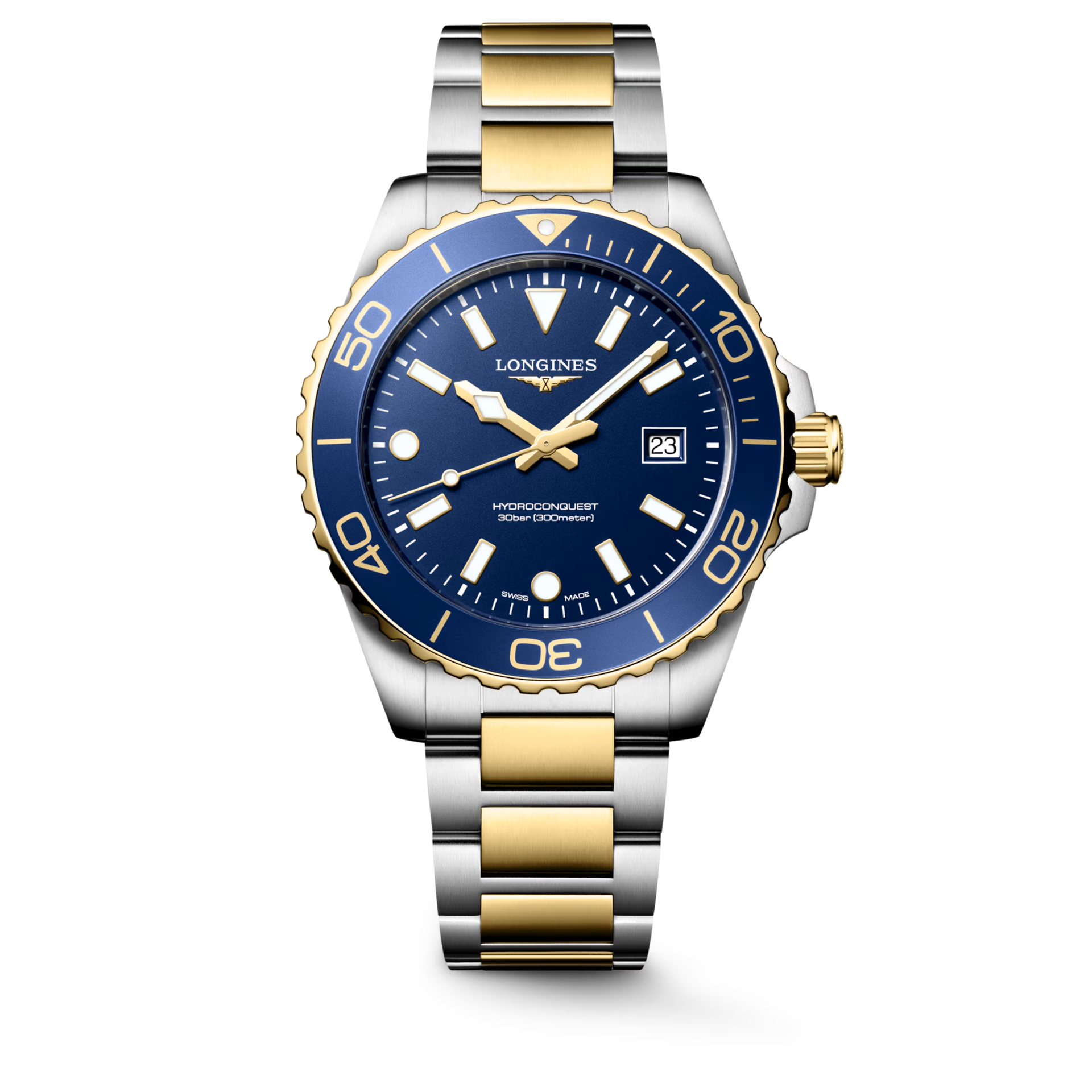 De Longines Hydroconquest L37693967 is een luxe polshorloge met een roestvrijstalen goud-zilveren kast en armband. Het horloge heeft een analoge Zwitserse quartz-beweging, saffierglas en een waterdichtheid van 300 meter. Het heeft een blauwe wijzerplaat en een datumaanduiding. Draag het als een elegant accessoire voor zowel formele als informele gelegenheden.