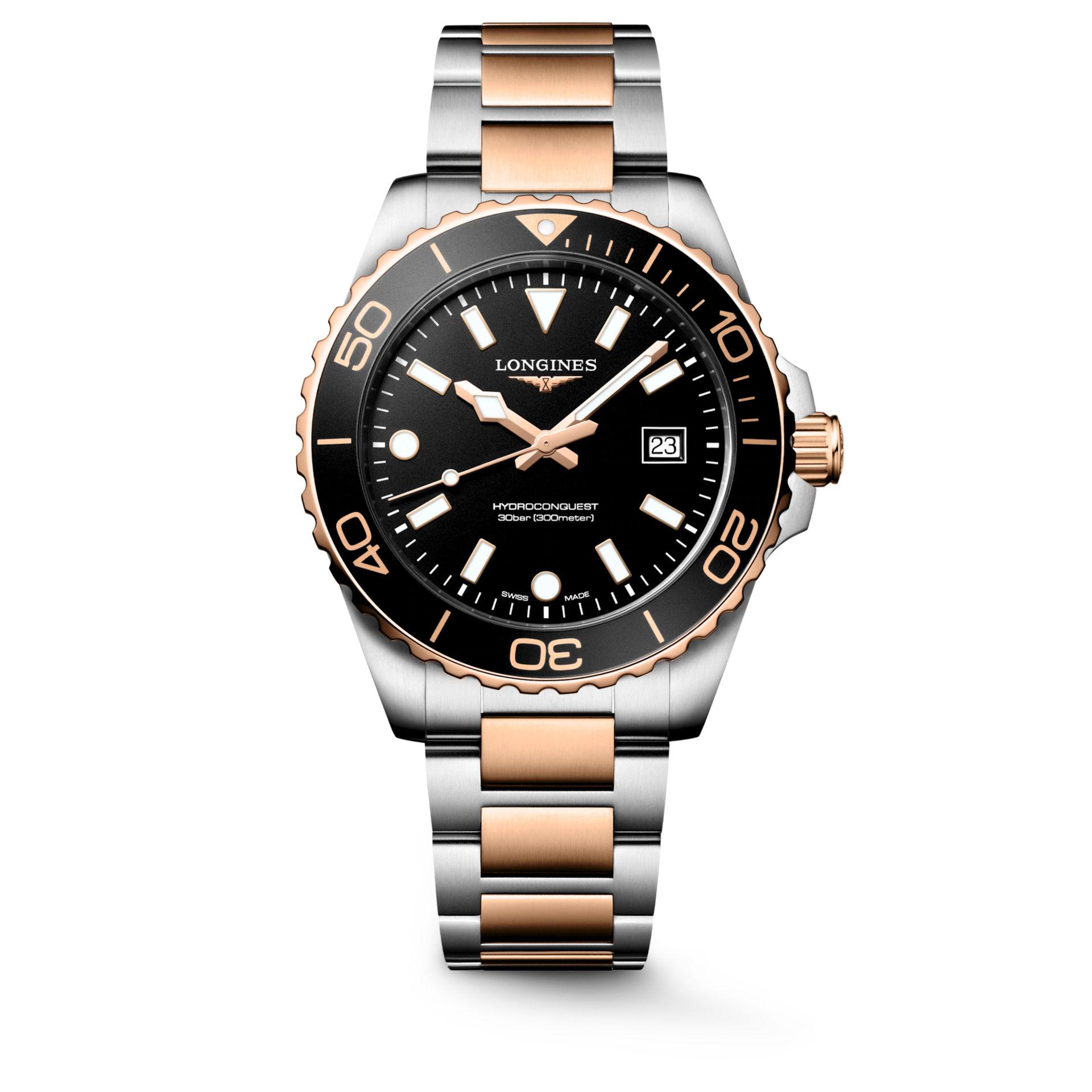De Longines Hydroconquest L37693587 is een hoogwaardige herenpolshorloge met Zwitsers quartz uurwerk. Uitgerust met een roestvrijstalen kast en band, saffierglas en een analoge wijzerplaat. Het heeft een prachtige ros&eacute;goud-zilver look en is waterbestendig tot 300 meter. Perfect voor zowel formele als dagelijkse gelegenheden. 