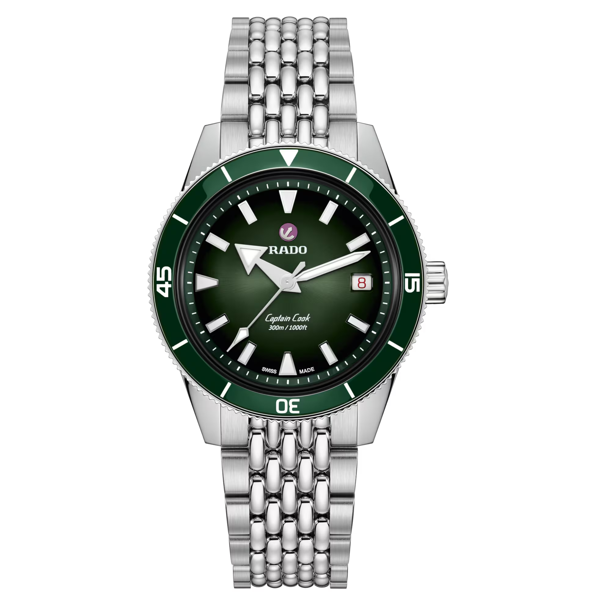 De Rado Captain Cook R32223313 is een elegante polshorloge met een groene wijzerplaat en een zilverkleurige roestvrijstalen kast en band. Dit automatische horloge heeft een analoge weergave, een datumfunctie en krasbestendig saffierglas. Waterdichtheid tot 30 meter. Perfect voor dagelijks gebruik en speciale gelegenheden. Ideaal te dragen om stijl en precisie te combineren.