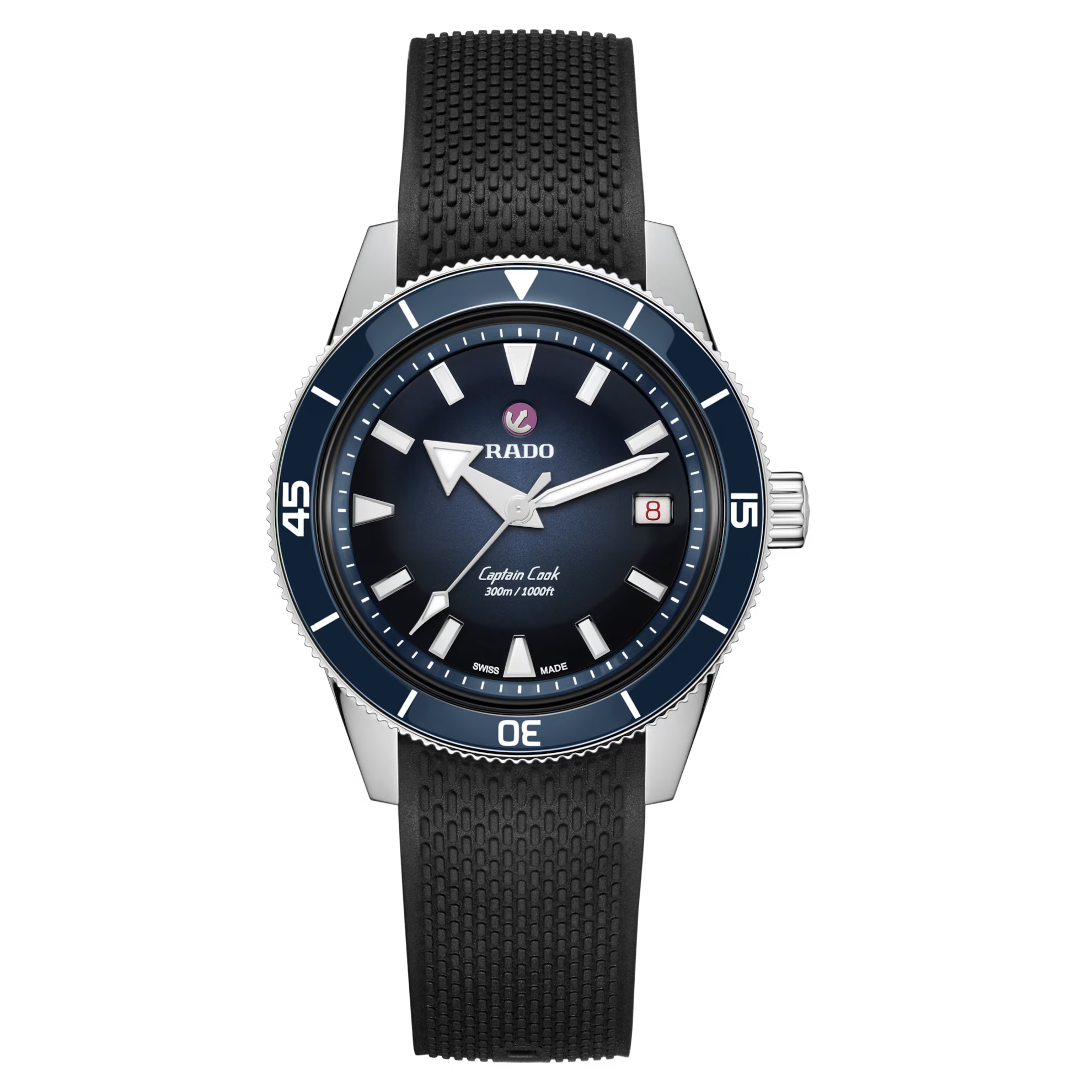 De Rado Captain Cook R32223229 is een elegante en nieuwe polshorloge met een automatisch Zwitsers uurwerk. Het heeft een blauwe wijzerplaat met strepen, een roestvrijstalen zilverkleurige kast met saffierglas, en een zwarte siliconen band. Hypoallergeen, datumfunctie en een diameter van 39 mm. Waterbestendig tot 30 meter. Perfect voor dagelijks en formeel gebruik.