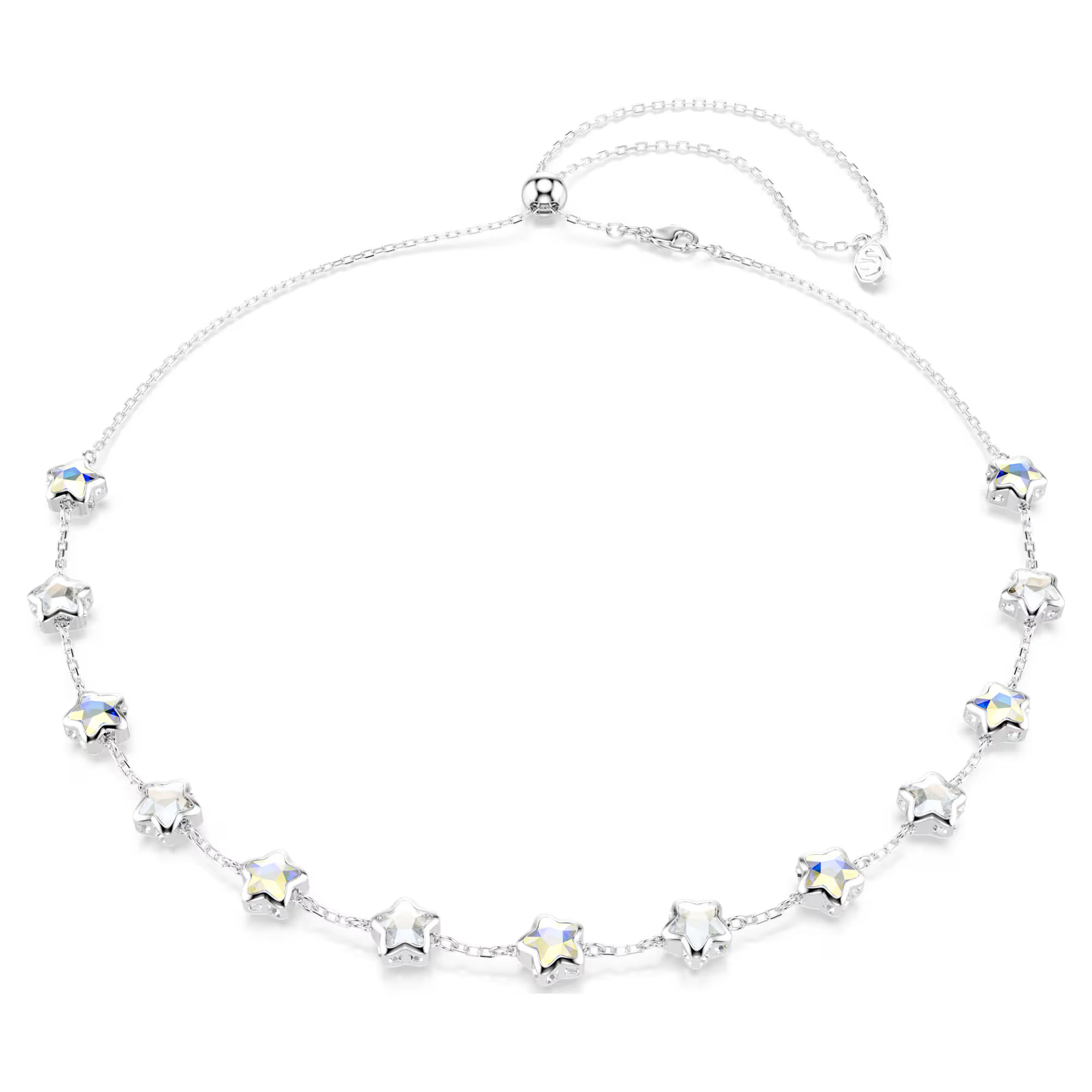 Deze korte ketting haalt kosmische energie uit de kleuren van het diepe universum en heeft stervormige motieven met een mix van Crystal Moonlight- en Crystal Aurore Boreale-effecten. Een krachtige irisatie om uw stijl te verlichten. Net als een gedeconstrueerd prisma laten de veelkleurige creaties van de Chroma-lijn alles aan de verbeelding over. Een rijke mix van gelaagde stenen in hun meest pure kleurexpressie.

Artikelnr.: 5754183
Collectie:  Chroma
Lengte (minimum - maximum): 38 - 48 cm
Breedte: 7.7 cm
Materiaal:  Kristallen, Rodium-verguld
Kleur:  Wit
Type sluiting:  Schuifbare bal, Karabijn