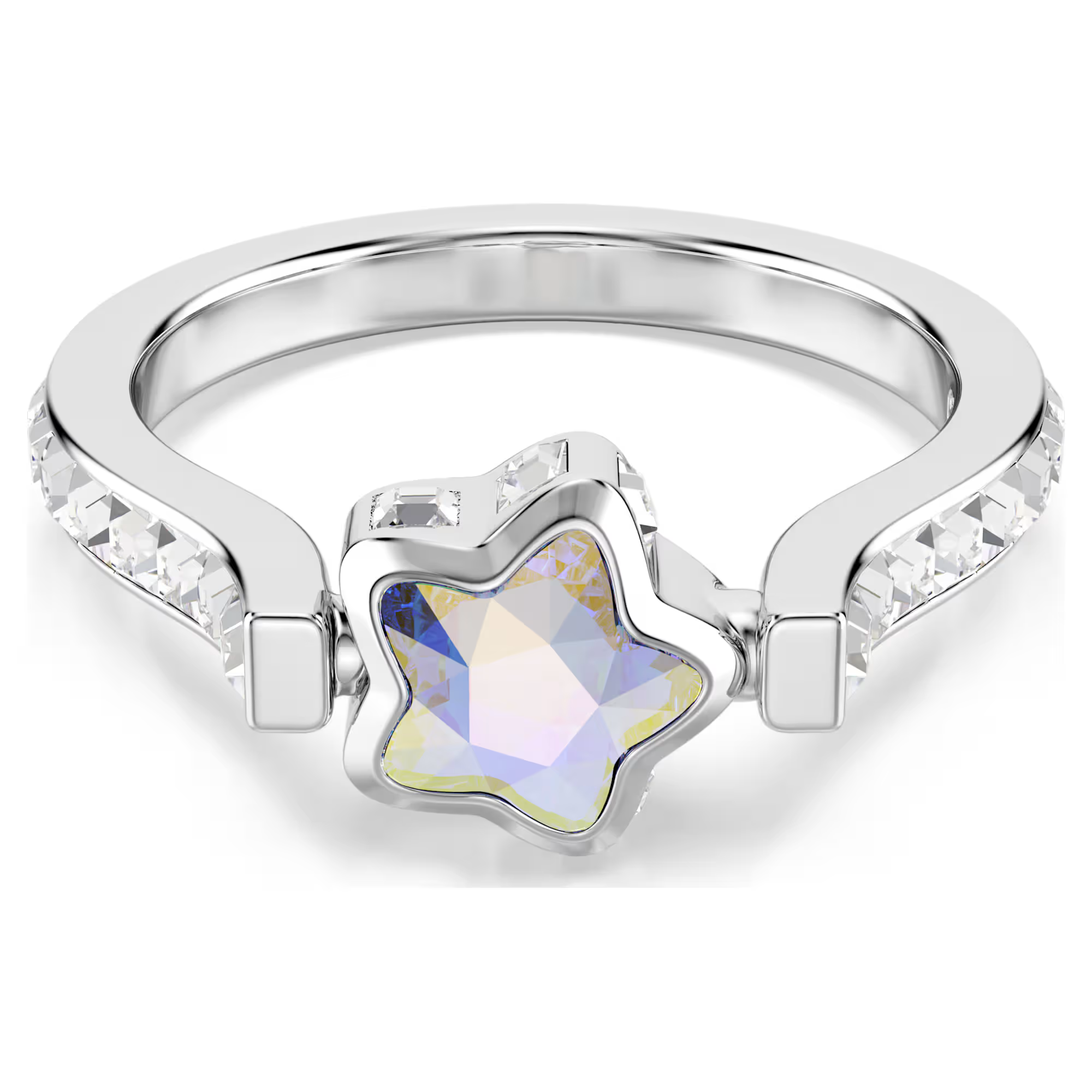 Met deze op de kosmos ge&iuml;nspireerde ring kunt u het stervormige kristal draaien zoals u dat wilt. Draag hem met uw favoriete kant naar boven, in Crystal Moonlight of Crystal Aurore Boreale. De ringband is beeldschoon afgewerkt met pav&eacute; aan de zijkanten. Net als een gedeconstrueerd prisma laten de veelkleurige creaties van de Chroma-lijn alles aan de verbeelding over. Een rijke mix van gelaagde stenen in hun meest pure kleurexpressie.

Artikelnr.: 5754177
Collectie: Chroma
Materiaal: Kristallen, Rodium-verguld
Kleur: Wit