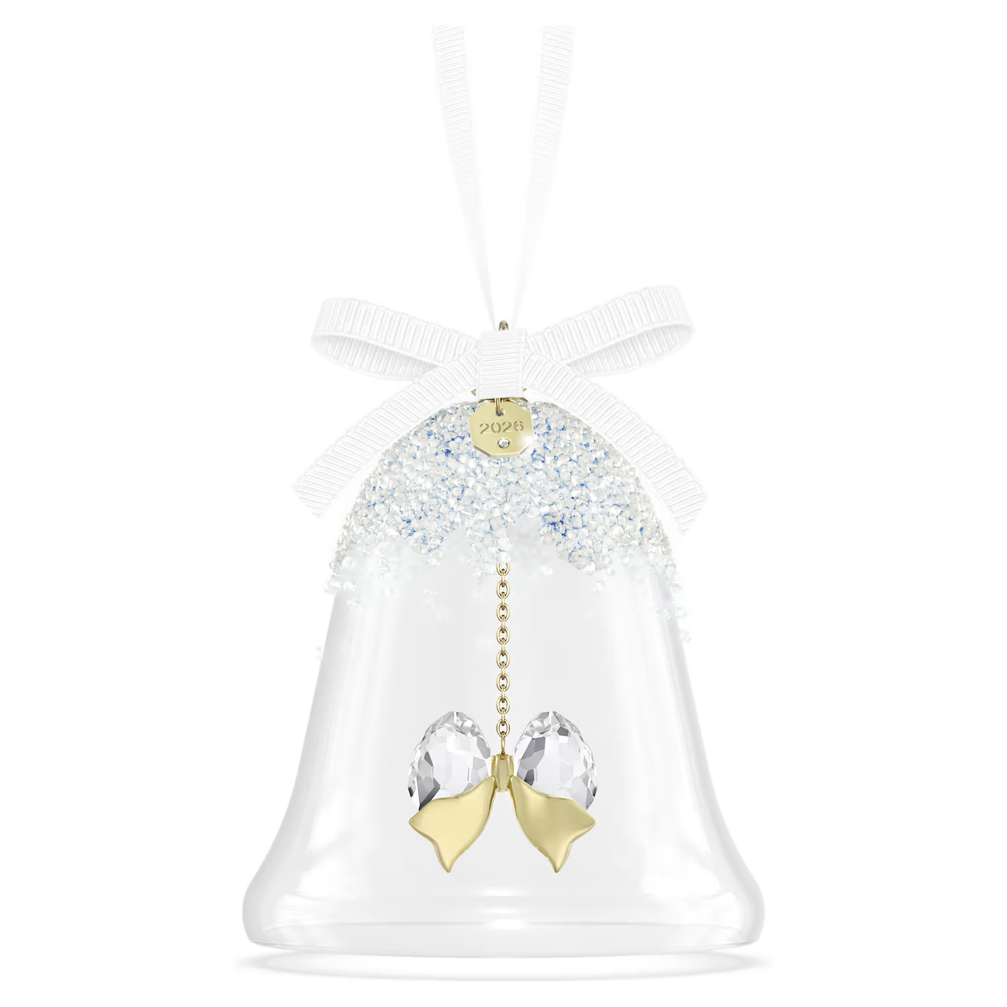 Luid de feestdagen in met het Swarovski Annual Edition Ornament Kerstklok voor 2026. Het smetteloze glazen ontwerp is bedekt met ongeveer 1.300 kristallen in het Moonlight-effect, terwijl de binnenkant een klepel van sterren bevat, geproduceerd met 116 facetten en een champagnegoudkleurige metalen afwerking. Het stuk hangt aan een wit ripsband lint, waarbij het jaar is gegraveerd op het label. Het is een vreugdevolle mix van delicate schoonheid en harmonieus geluid om elke kerstdecoratie nog mooier te maken. Decoratief voorwerp. Geen speelgoed. Niet geschikt voor kinderen onder de 15 jaar.

Artikelnr.: 5732532
Collectie:  Annual Edition
Formaat: 7.6 x 7.6 x 9 cm
Ontwerper:  Rudolf Schwerma
Materiaal:  Kristallen, Polyester, Metaal met champagnegoudkleurige afwerking, Glas
Kleur:  Wit