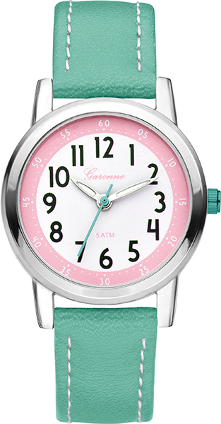 Het Garonne kinderhorloge (model KV31Q472) heeft een mintgroene en roze kleur met een analoge wijzerplaat en Arabische cijfers. De ronde kast heeft een zilverkleur en is gemaakt van metaal met mineraalglas. Het horloge is waterdicht tot niveau 5 en heeft een PU-leren band. Met quartz uurwerk, ideaal voor dagelijks gebruik om de pols.