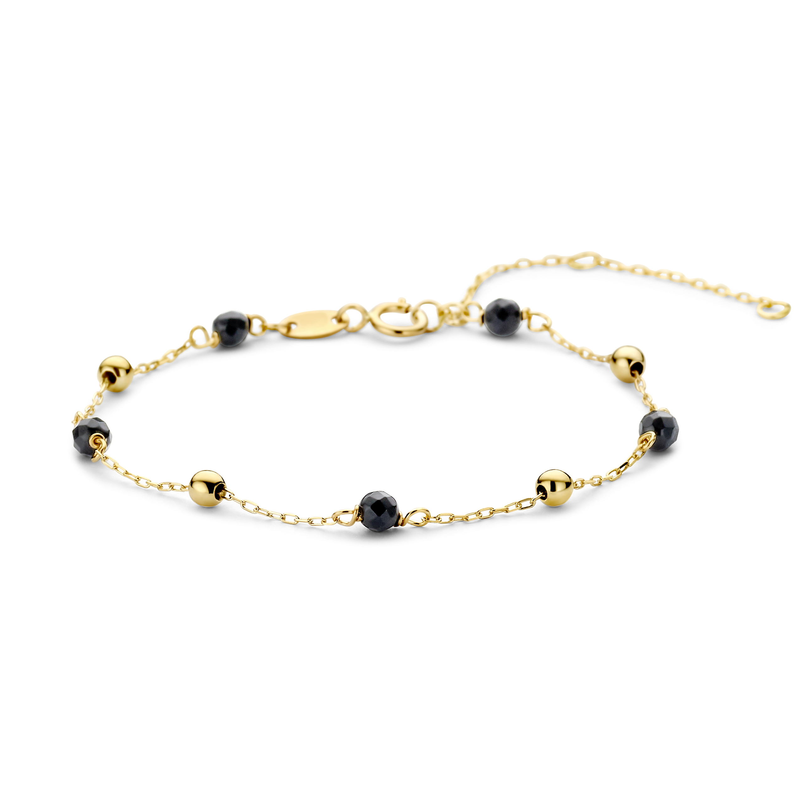 Armband goud 18+2cm 5 NATURAL ONIX AND 4 gouden bol
