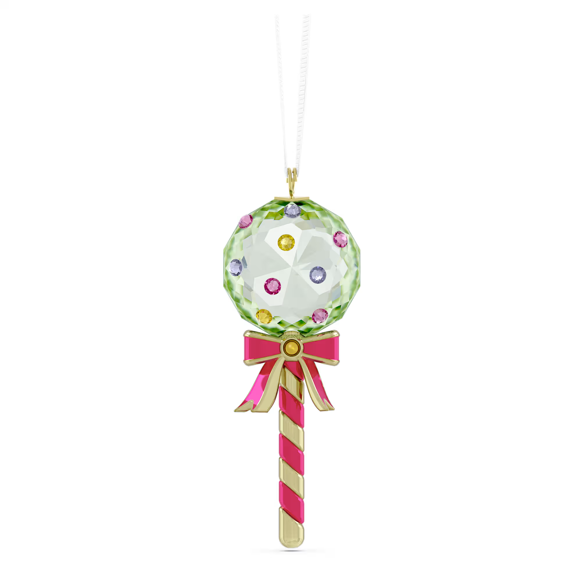 Deze heerlijke groene lolly ziet er bijna eetbaar uit, is vervaardigd met 289 facetten en heeft extra decoratieve kristallen voor een stippenpatroon. Andere details zijn een elegante strik en een gestreepte stok, beide gemaakt van metaal met een champagnegoudkleurige toplaag en roze lak. Combineer hem met de andere Holiday Cheers Dulcis-creaties van Swarovski om uw interieur te transformeren met feestelijke extravagantie. Decoratief voorwerp. Geen speelgoed. Niet geschikt voor kinderen jonger dan 15 jaar.

Artikelnr.: 5742104
Collectie:  Holiday Cheers
Formaat: 5.8 x 1.4 x 1.6 cm
Ontwerper:  Edith Mair
Materiaal:  Kristallen, Gelakt metaal, Polyester, Metaal met champagnegoudkleurige afwerking
Kleur:  Meerkleurig
