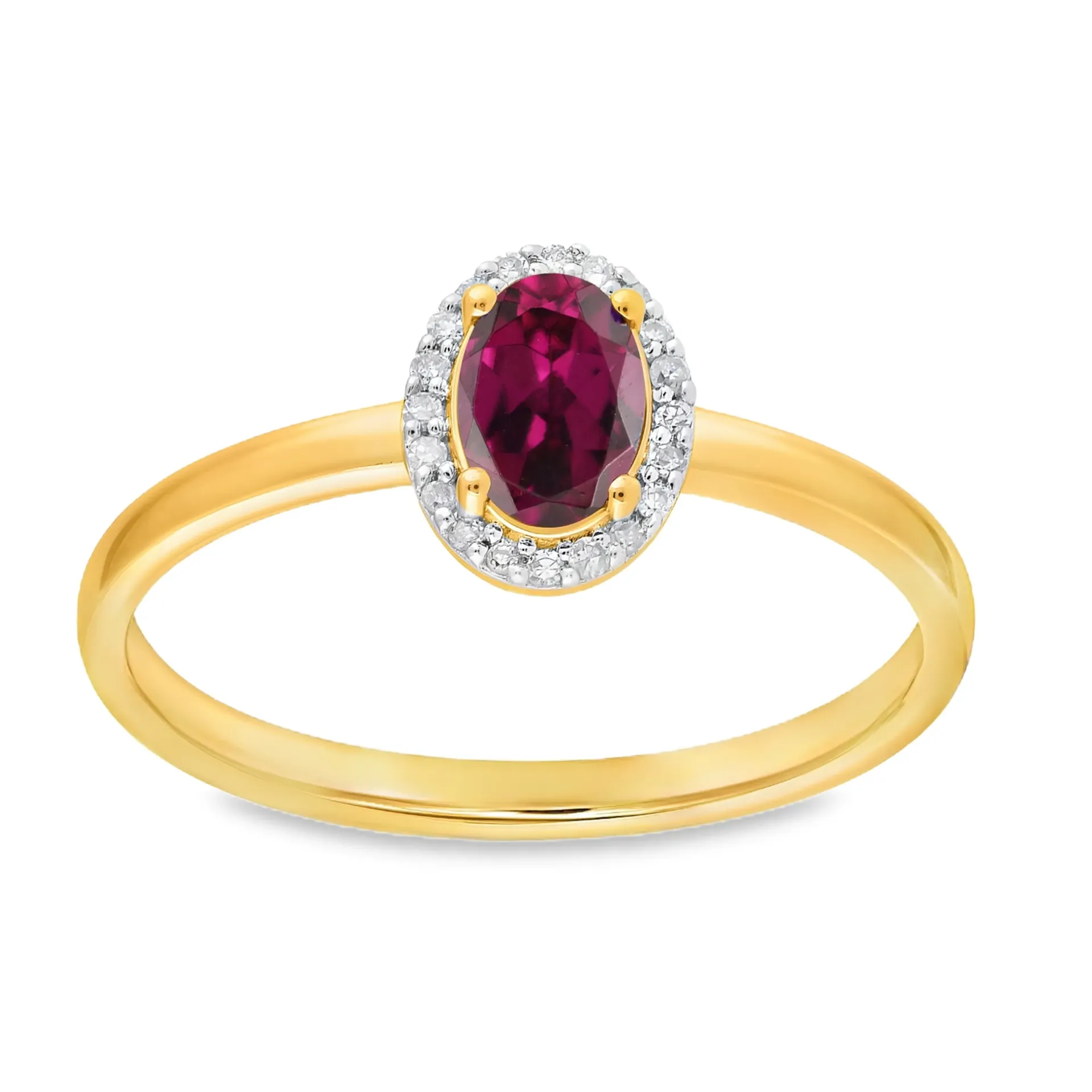 14k geelgouden ring met een ovale rhodoliet(6x4mm) en om de rhodoliet zijn briljant geslepen diamanten geplaatst.