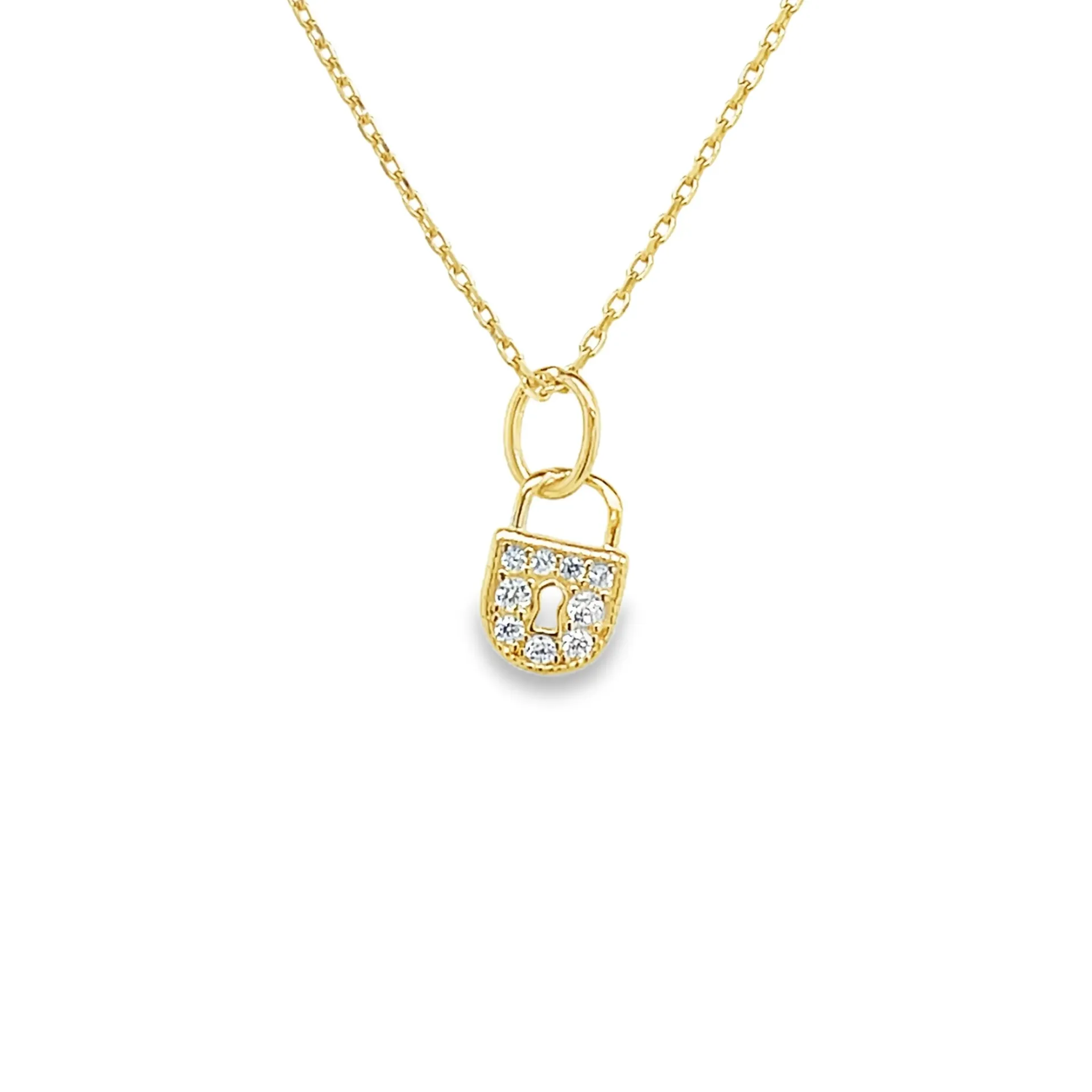 14k geelgouden hanger in vorm van een slot, bezet met glinsterende zirkonia's

* De hanger wordt exclusief collier geleverd