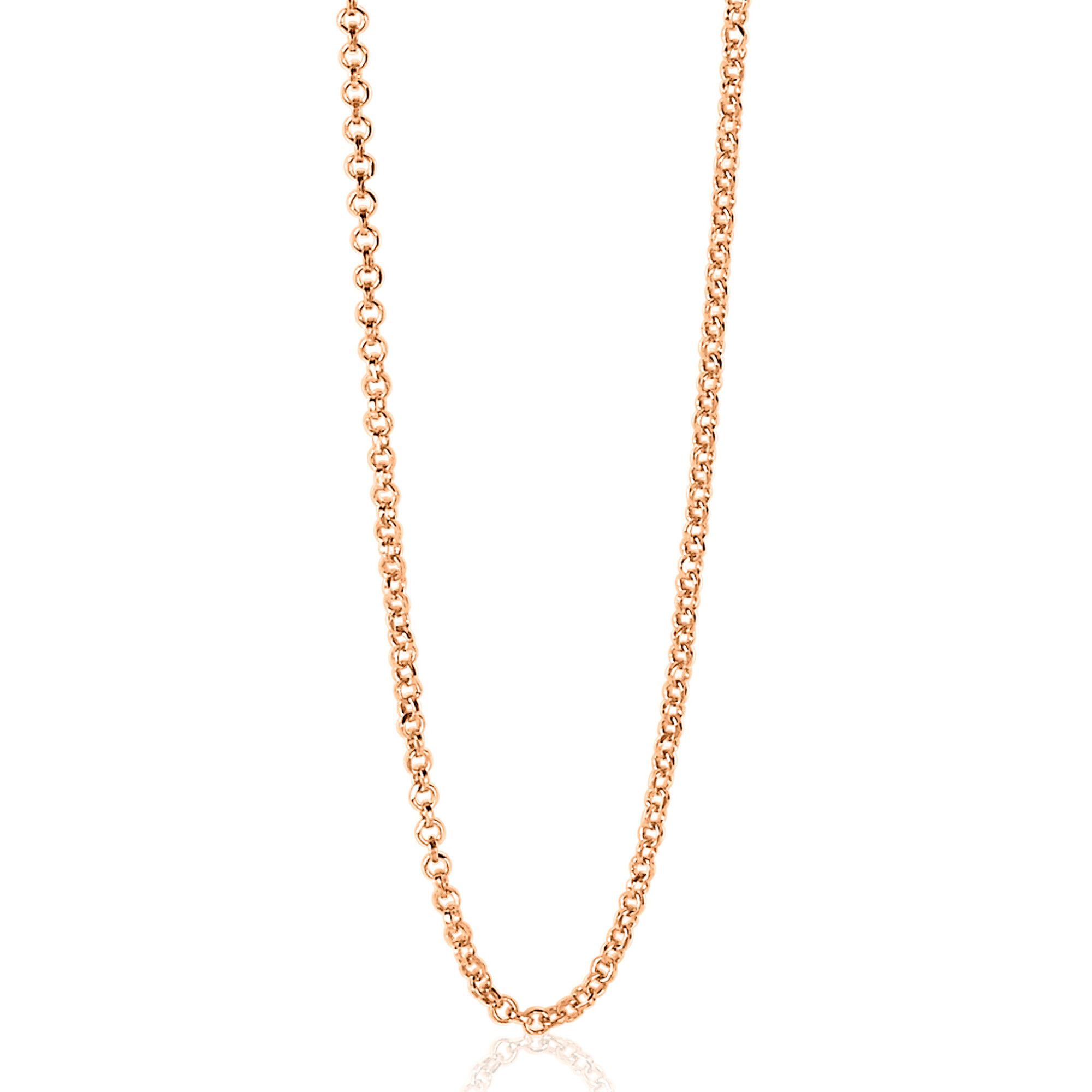 ZINZI zilveren jasseron ketting (0,3mm breed) in ros&eacute; verguld. Ideaal om je hanger aan te hangen. Kies zelf de lengte die bij je past: keuze uit 42cm, 45cm, 60cm, 70cm, 80cm en 90cm. Iedere ketting heeft een extra verlengstukje van 3 cm, zodat ook hiermee de lengte iets te vari&euml;ren is. De verschillende lengte-kettingen zijn gemakkelijk met elkaar te combineren om je hals. Met herkenbaar Zinzi hartje bij de sluiting. Vervaardigd van eerste gehalte zilver (925) en extra ros&eacute; verguld.