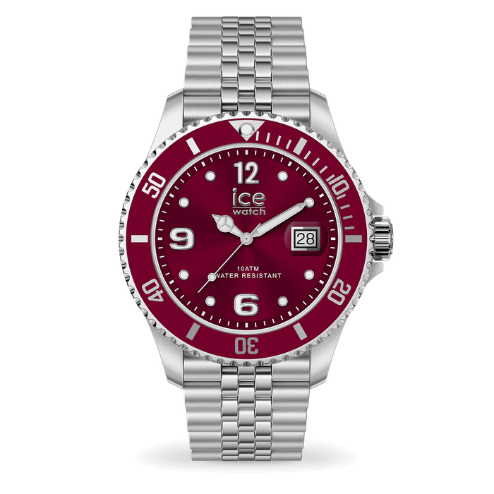 De ICE Steel Ocean Burgundy Silver horloge, modelnummer 025912, heeft een mineraalglas, metalen kast, en chronografie met Arabische cijfers. Met een waterdichtheid van 10ATM, is dit een robuust polshorloge met een roestvrijstalen band. De kast en band zijn zilverkleurig met een rode wijzerplaat. Dit stijlvolle horloge past perfect bij een zakelijke en casual outfit.