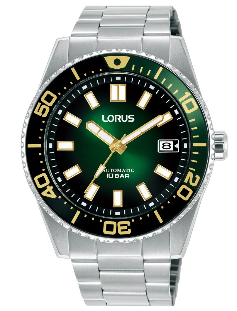 De Lorus Sport RU425AX9 is een automatisch herenhorloge in duikerstijl met een sportieve en stijlvolle uitstraling. Dit model heeft een ronde kunsthars kast van 42 mm en een zilverkleurige roestvrijstalen schakelband. De groene wijzerplaat met goudkleurige wijzers geeft het horloge een opvallende en verfijnde afwerking. In de kast bevindt zich een betrouwbaar Seiko Instruments Inc. automatisch uurwerk met 21 robijnen en een gangreserve van 41 uur. Dankzij de datumweergave en waterbestendigheid van 10 bar is dit horloge geschikt voor dagelijks gebruik &eacute;n om mee te zwemmen.