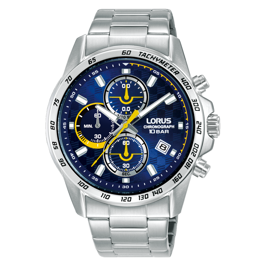 De Lorus Sport RM307KX9 is een moderne herenchronograaf met een sportieve en krachtige uitstraling. Dit model heeft een ronde roestvrijstalen kast van 43 mm en een bijpassende roestvrijstalen schakelband. De blauwe wijzerplaat met zilverkleurige wijzers en gele secondewijzer zorgt voor een opvallende en dynamische afwerking. In de kast bevindt zich een betrouwbaar Seiko Instruments Inc. quartz uurwerk, afgewerkt met sterk Hardlex glas. Dankzij de chronograaf, datumweergave, tachymeterring en waterbestendigheid van 10 bar is dit horloge geschikt voor dagelijks gebruik &eacute;n om mee te zwemmen.