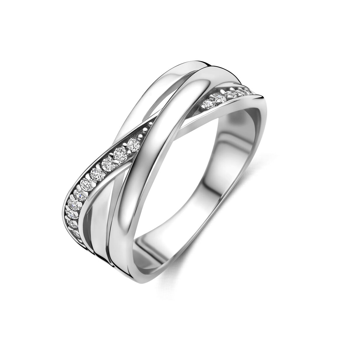 Gerhodineerd 925 zilveren ring met zirkonia. De ring heeft een breedte van 8mm.