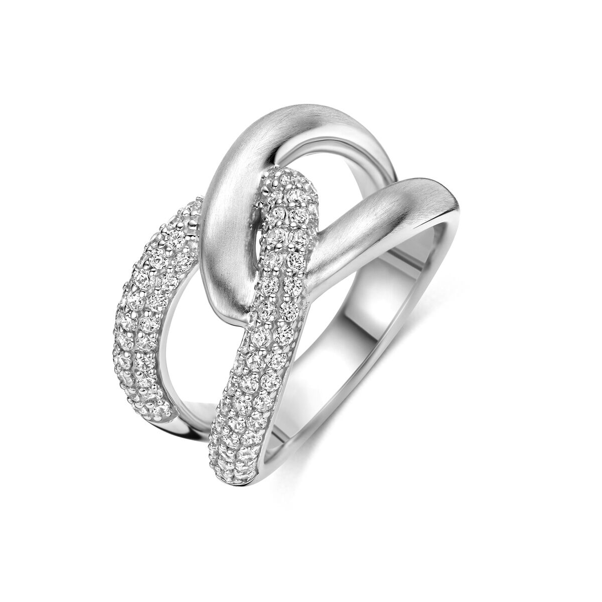 Gerhodineerd 925 zilveren ring met zirkonia. De ring heeft een breedte van 12mm. 