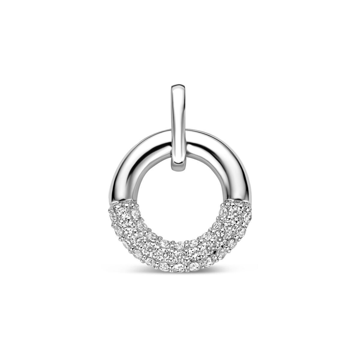 Gerhodineerd 925 zilveren hanger met zirkonia. De hanger heeft een diameter van 10mm excl. oogje.