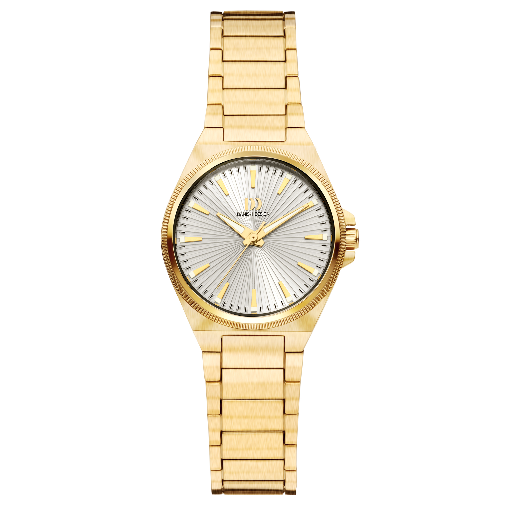 De Danish Design horloge DKX pro gold (IV82Q1303) is een stijlvol polshorloge met een goudkleurige roestvrijstalen kast en band, voorzien van een zilverkleurige wijzerplaat met streepindexen. Met een kwartsuurwerk en saffierglas is het analoog waterbestendig tot 5 ATM. Draag het dagelijks of bij speciale gelegenheden voor een elegante uitstraling.