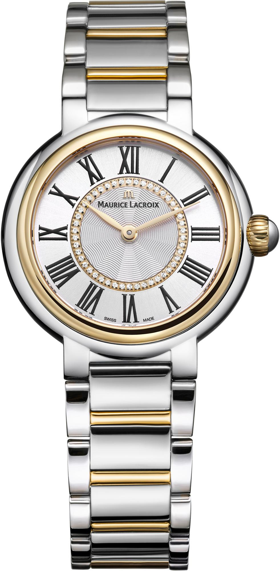 De Maurice Lacroix Fiaba Round 33mm Lady Quartz (modelnummer FA1306-SSY13-110-1) is een elegante dameshorloge met een roestvrijstalen band en kast, zilverkleurige wijzerplaat met Romeinse cijfers, en 46 diamanten. Waterbestendig tot 5 ATM en voorzien van krasbestendig saffierglas. Perfect voor formele gelegenheden. Draag het bij chique outfits voor een verfijnde uitstraling. Nieuw met Zwitserse quartz beweging.