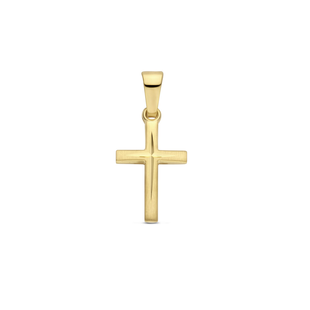 14k Geelgouden hanger in de vorm van een kruis uitgevoerd in mat gediamanteerd. De hanger heeft een totale hoogte van 20mm en een afmeting van 13x9mm