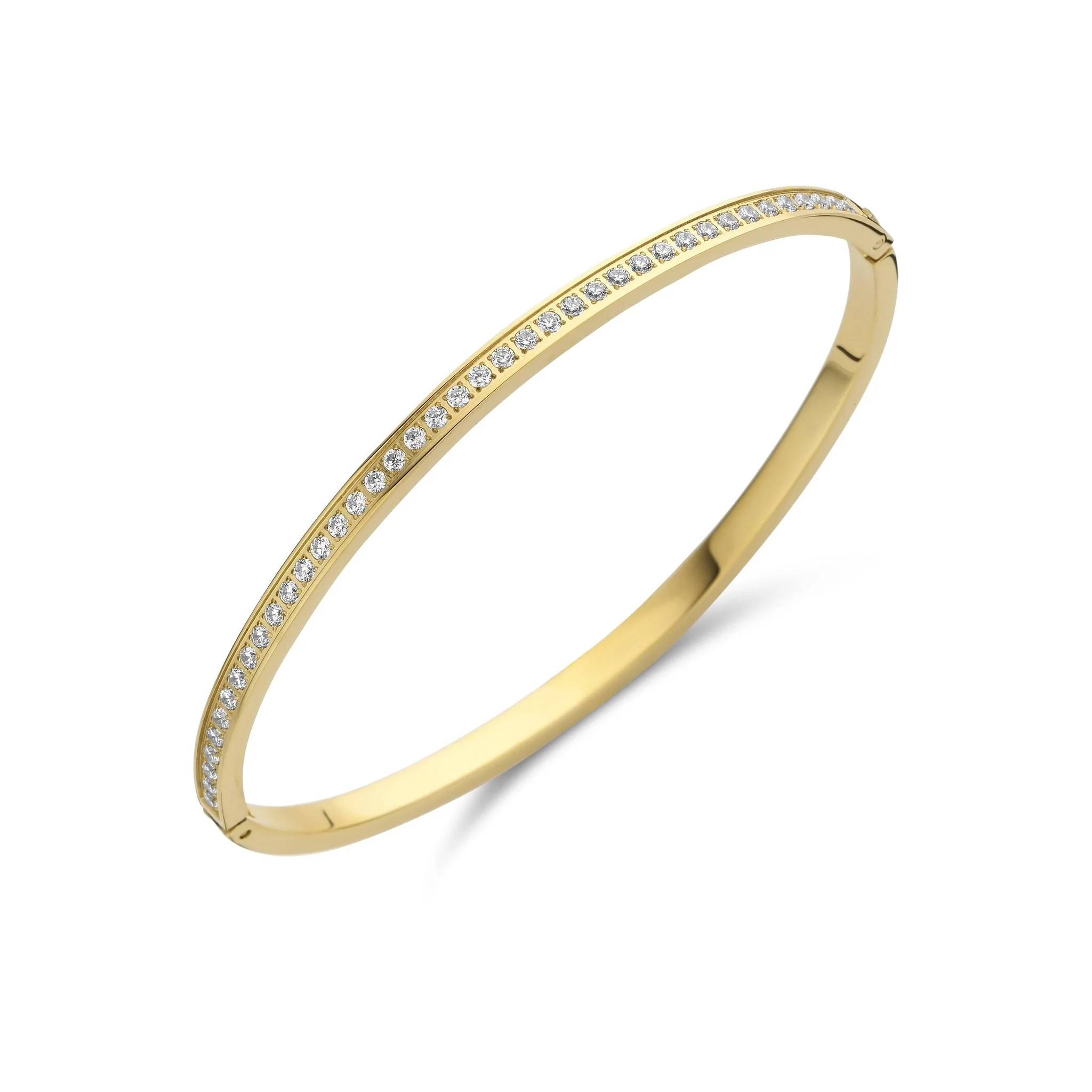 De Melano Friends Hinged armband is een schitterend statement piece. Deze schoonheid is 4 mm breed en is afgewerkt met 25 sprankelende zirkonia steentjes. De sluiting is mooi weggewerkt in het design van deze bangle. Kies jouw favoriete plating en selecteer de juiste maat: Small (16 cm), Medium (17,5 cm) of Large (19 cm). De Hinged armband is verkrijgbaar in een zilver-, rose goud- of goudkleurige plating.