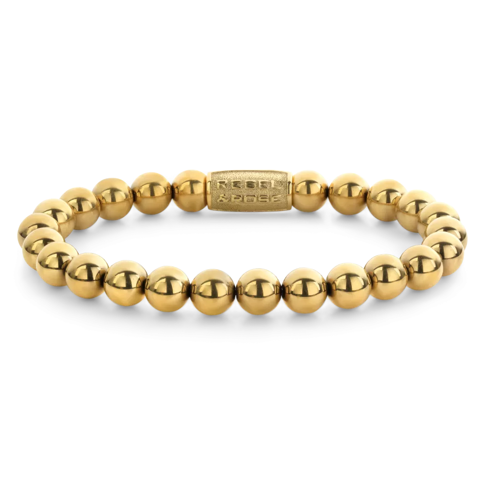 Bead armband met handgemaakte kralen van 8 mm edelstaal en afgewerkt met 22-karaats gouden ion-plating, ook de edelstalen merksluiting is voorzien van een 22-karaats gouden ion-plating. Deze handgemaakte holle beads zijn sterk en licht in gewicht waardoor ze zeer comfortabel om de pols zitten.
